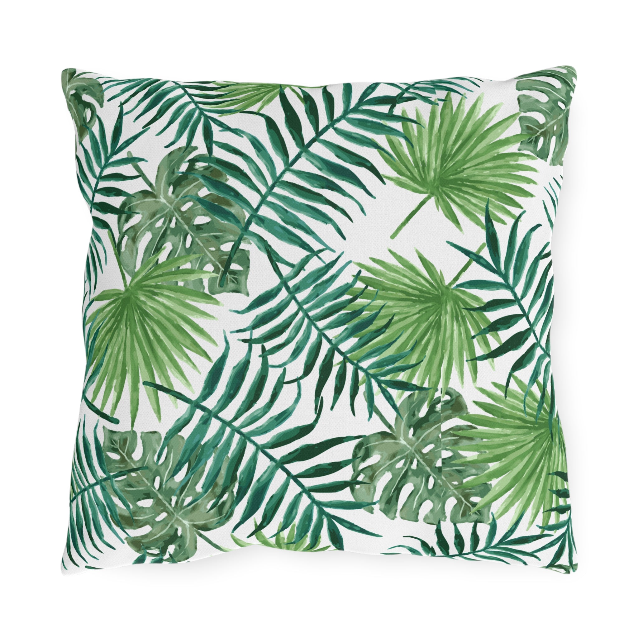 Tropical Palm Print Outdoor Pillow – Green Leaf & Striped Patio Cushion
