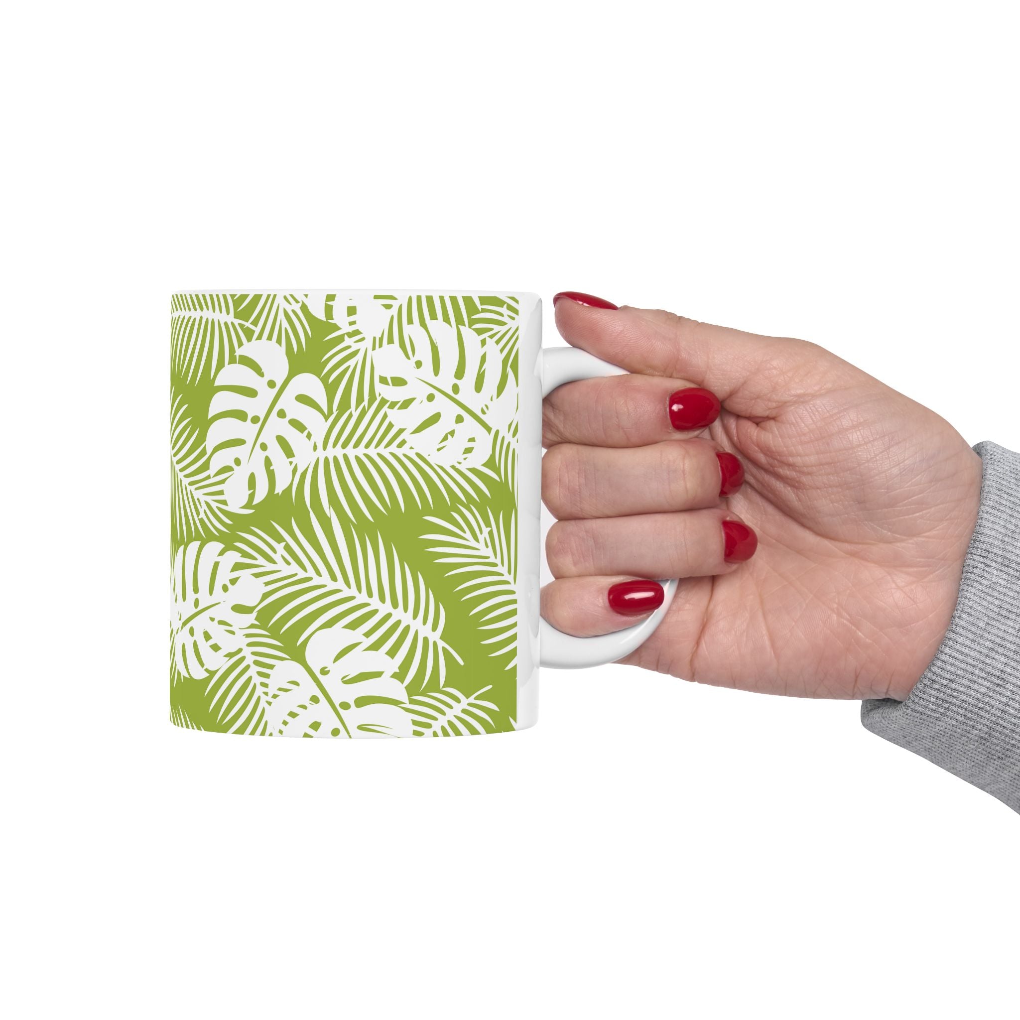 Tropical Leaf Ceramic Mug — Green Monstera & Palm Pattern (11oz, 15oz)