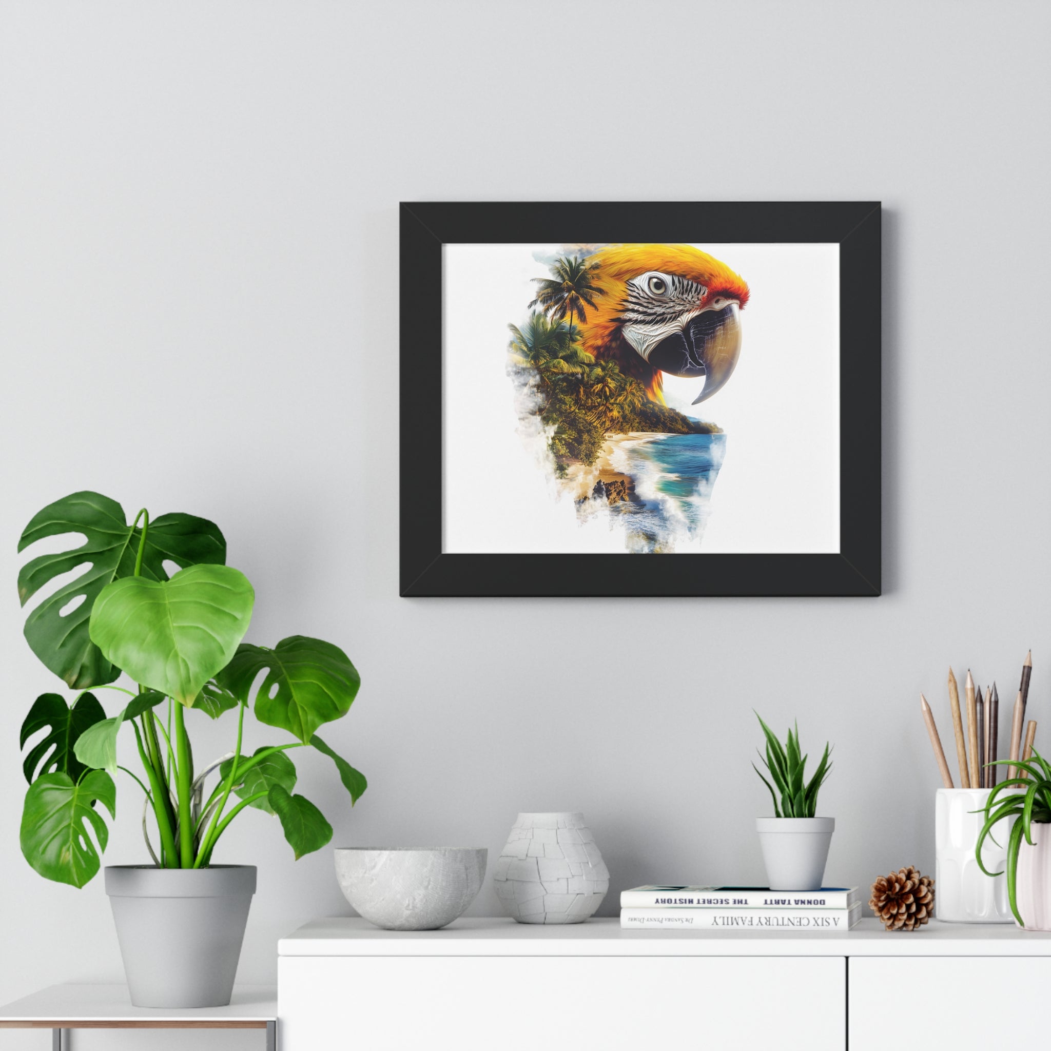 Framed Poster — Double Exposure Parrot & Tropical Island Print