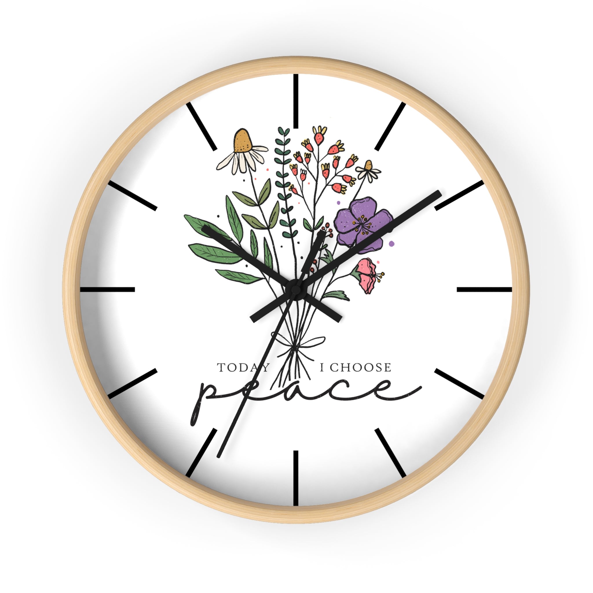 Floral "Today I Choose Peace" Wooden Wall Clock