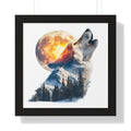 Howling Wolf & Full Moon Framed Poster — Double Exposure Wildlife Print