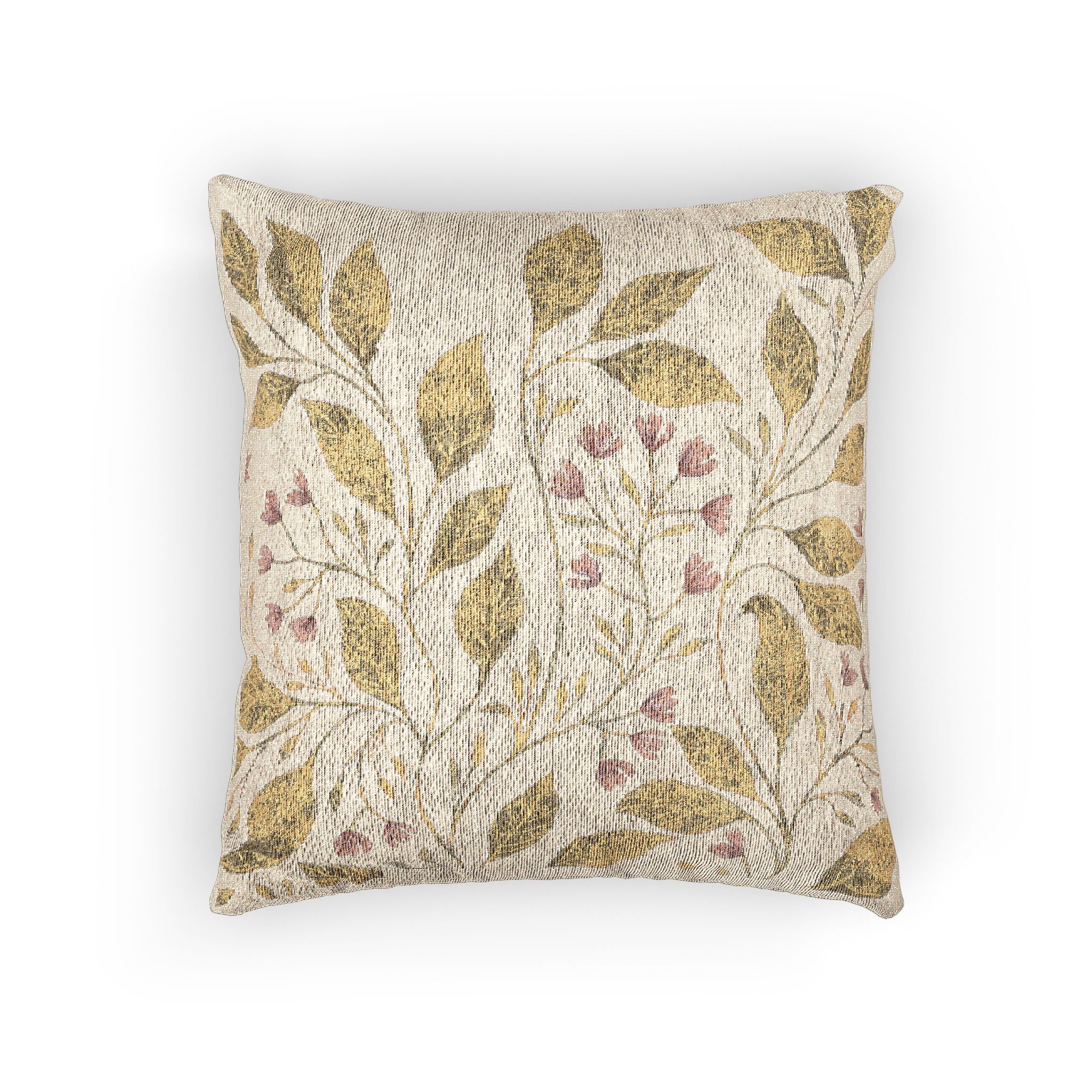 Botanical Woven Pillow — Neutral Olive Green Leaf Motif Decorative Cushion