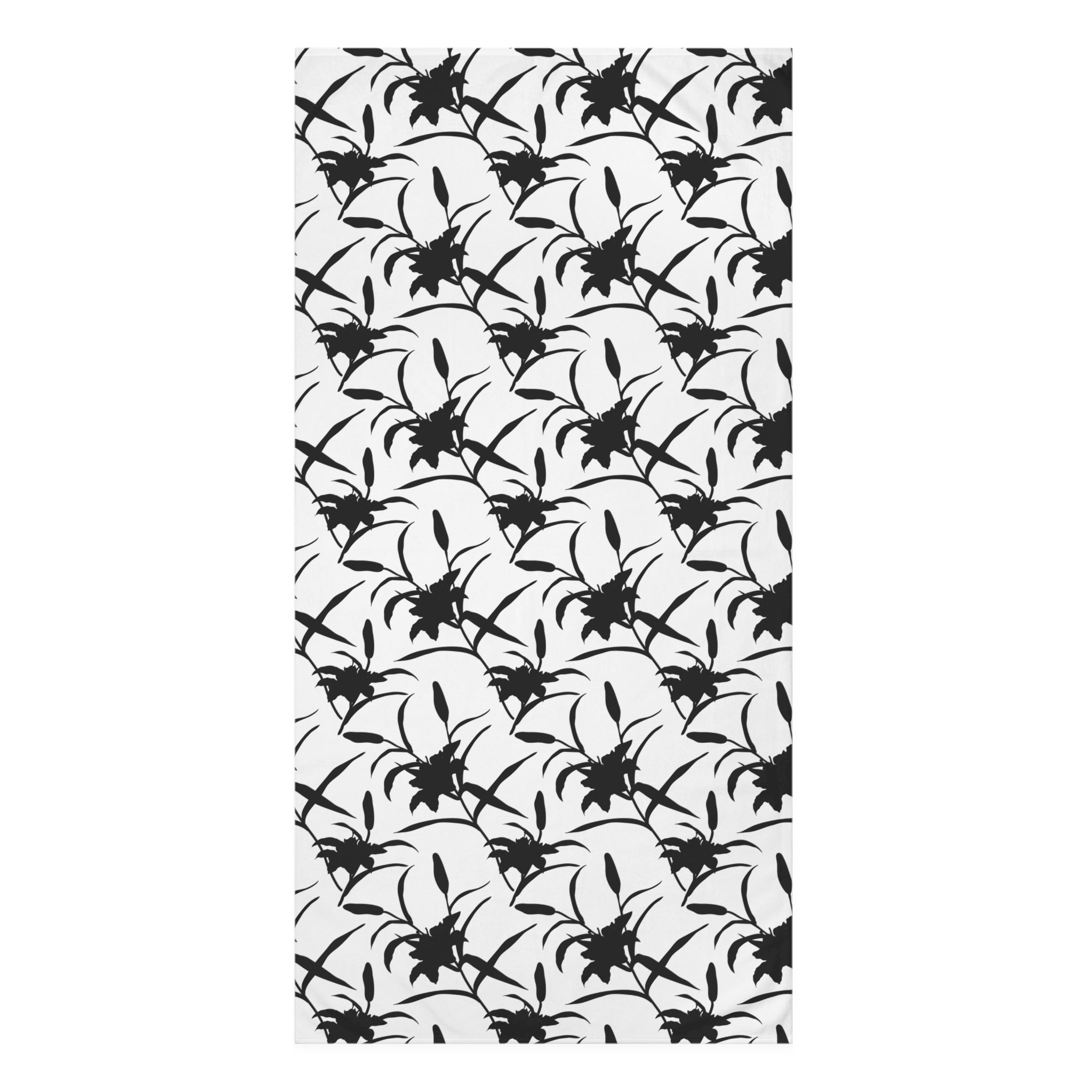 Black Floral Pattern Cotton Towel — Monochrome Botanical Beach & Bath Towel