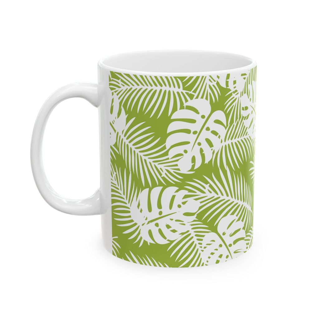 Tropical Leaf Ceramic Mug — Green Monstera & Palm Pattern (11oz, 15oz)
