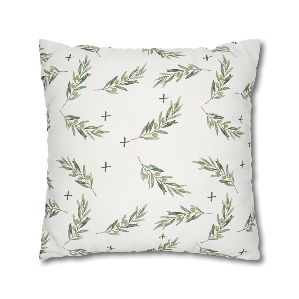 Botanical Olive Branch Square Pillowcase — Neutral Green Leaf Throw Pillow Cover