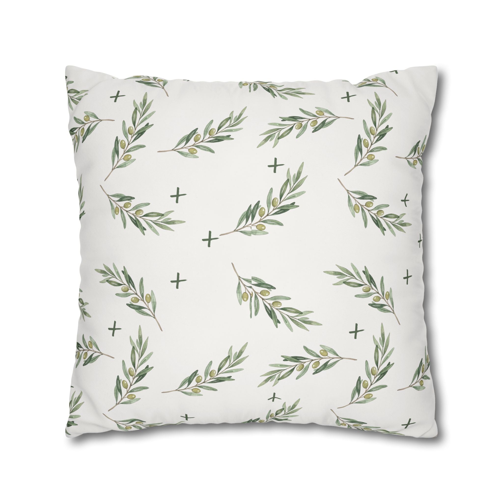 Botanical Olive Branch Square Pillowcase — Neutral Green Leaf Throw Pillow Cover