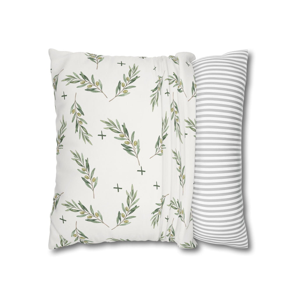 Botanical Olive Branch Square Pillowcase — Neutral Green Leaf Throw Pillow Cover