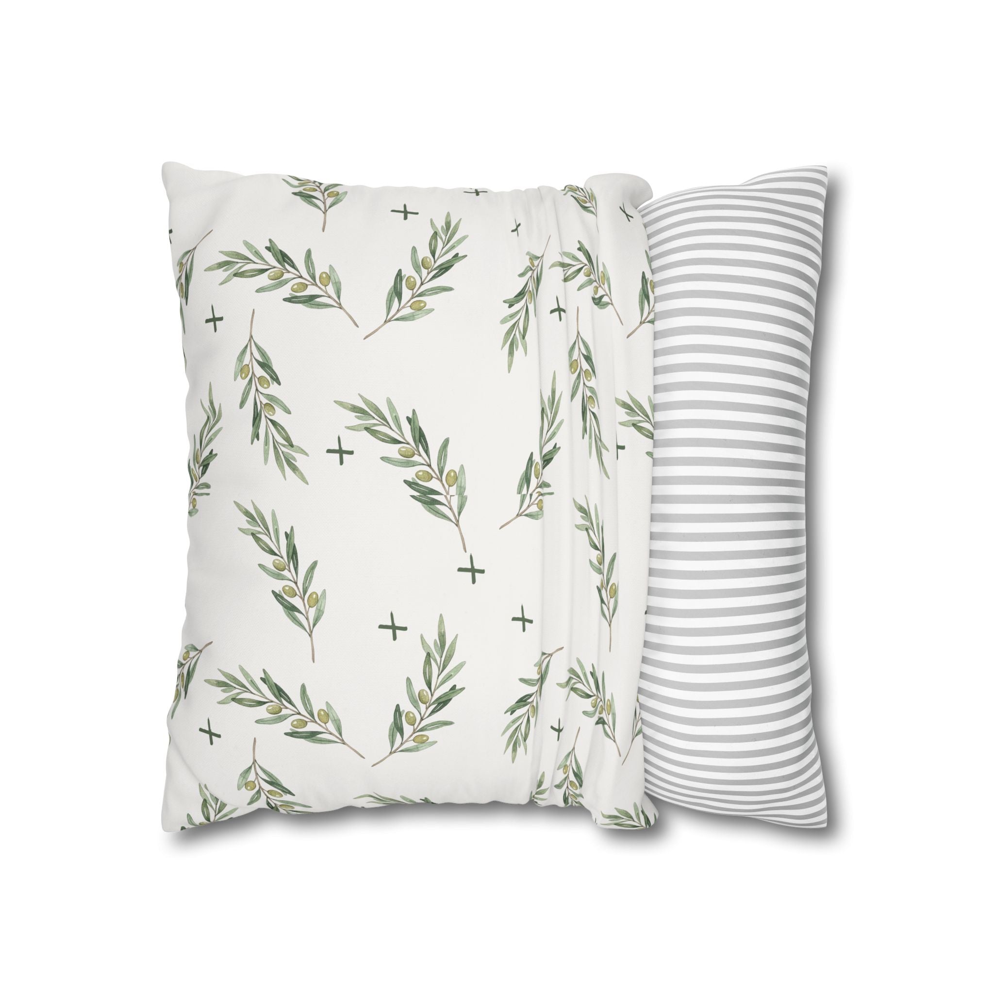 Botanical Olive Branch Square Pillowcase — Neutral Green Leaf Throw Pillow Cover