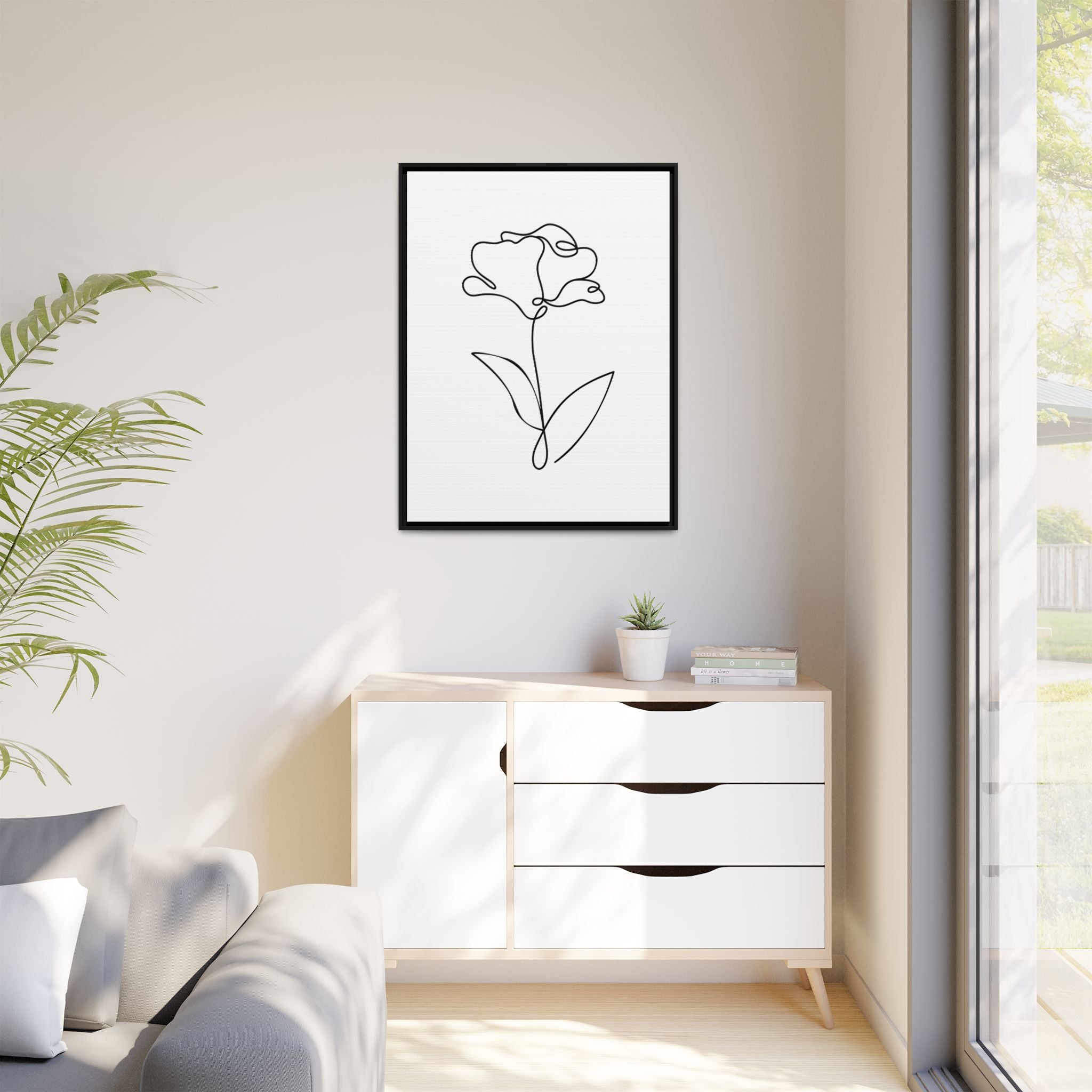 Minimal Line Art Flower Matte Canvas Framed Print