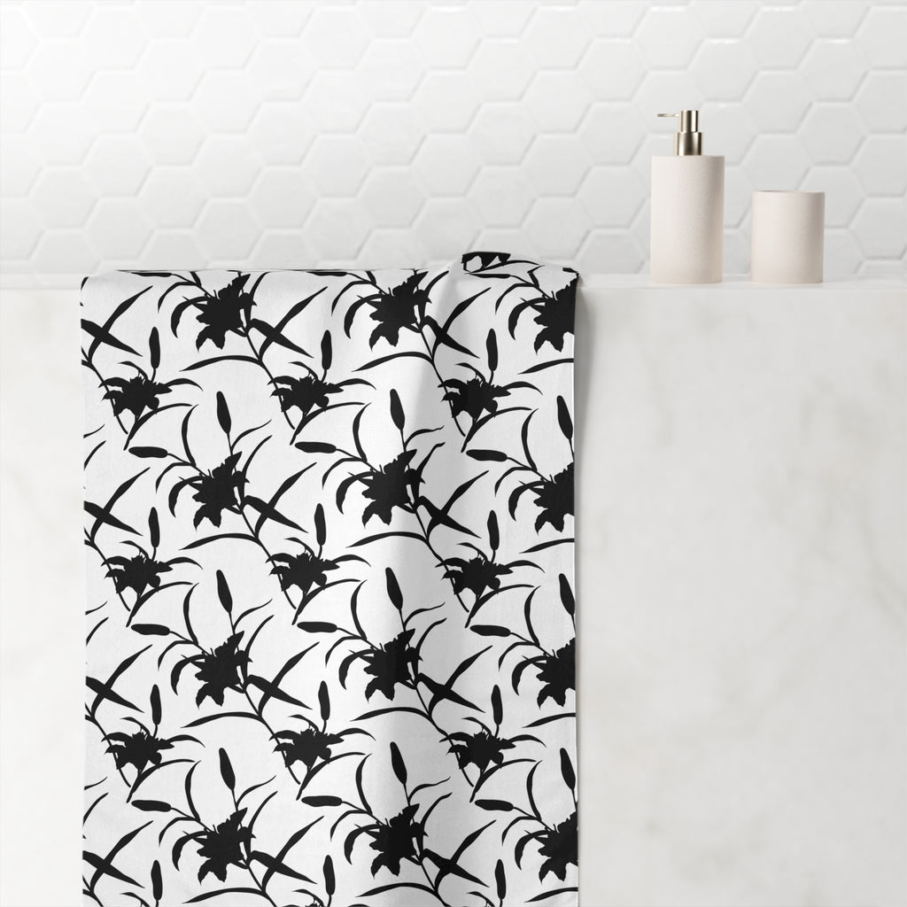 Black Floral Pattern Cotton Towel — Monochrome Botanical Beach & Bath Towel