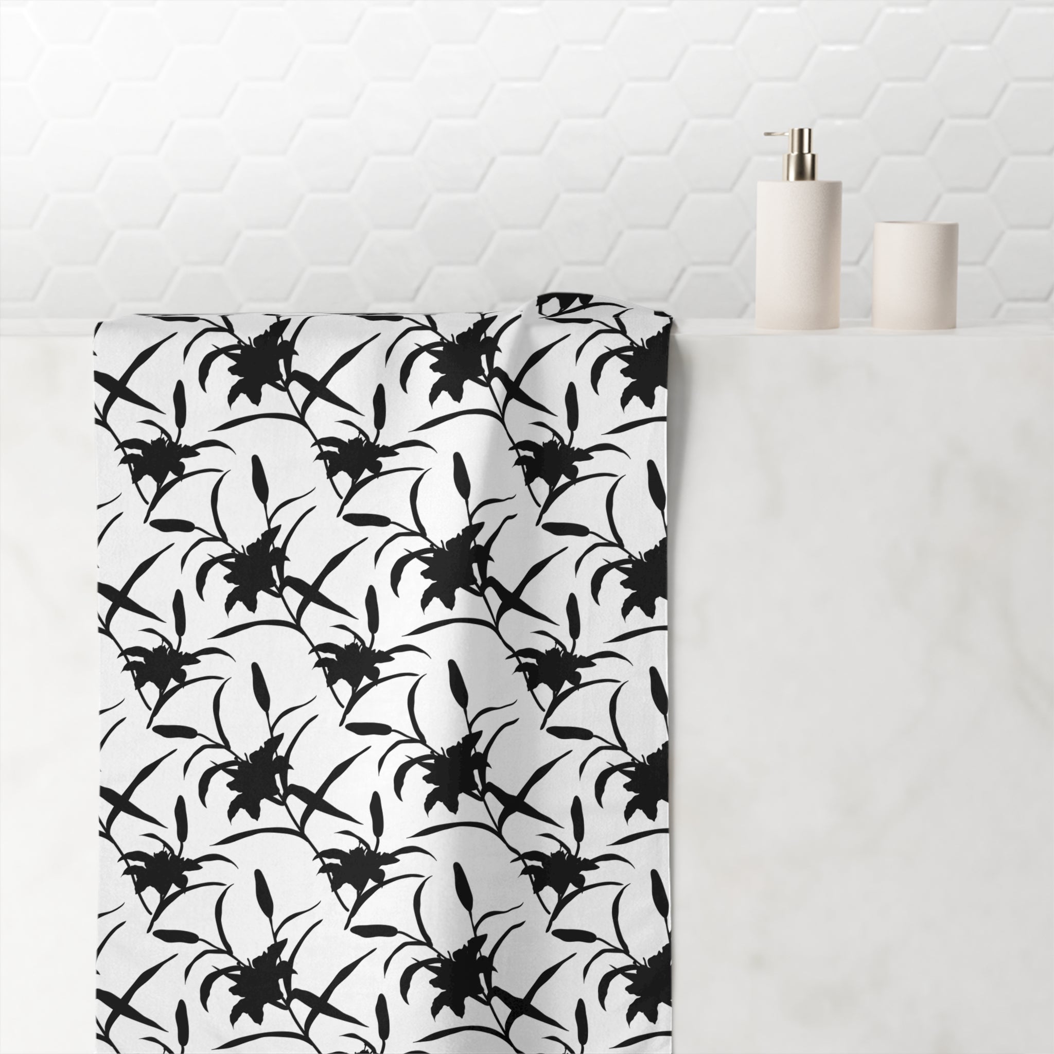 Black Floral Pattern Cotton Towel — Monochrome Botanical Beach & Bath Towel