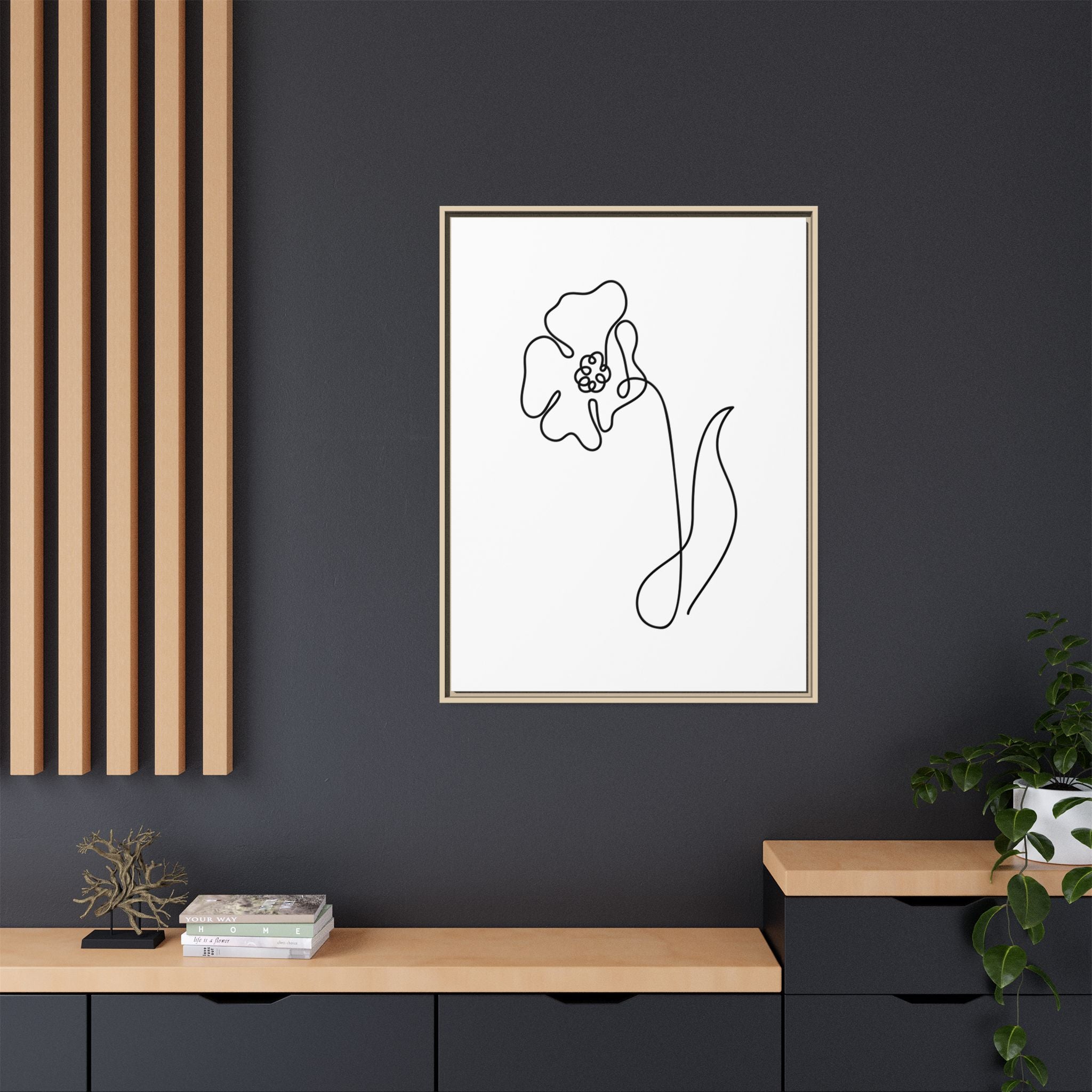 Daisy Line Art Framed Canvas Print — Minimal Botanical Wall Art
