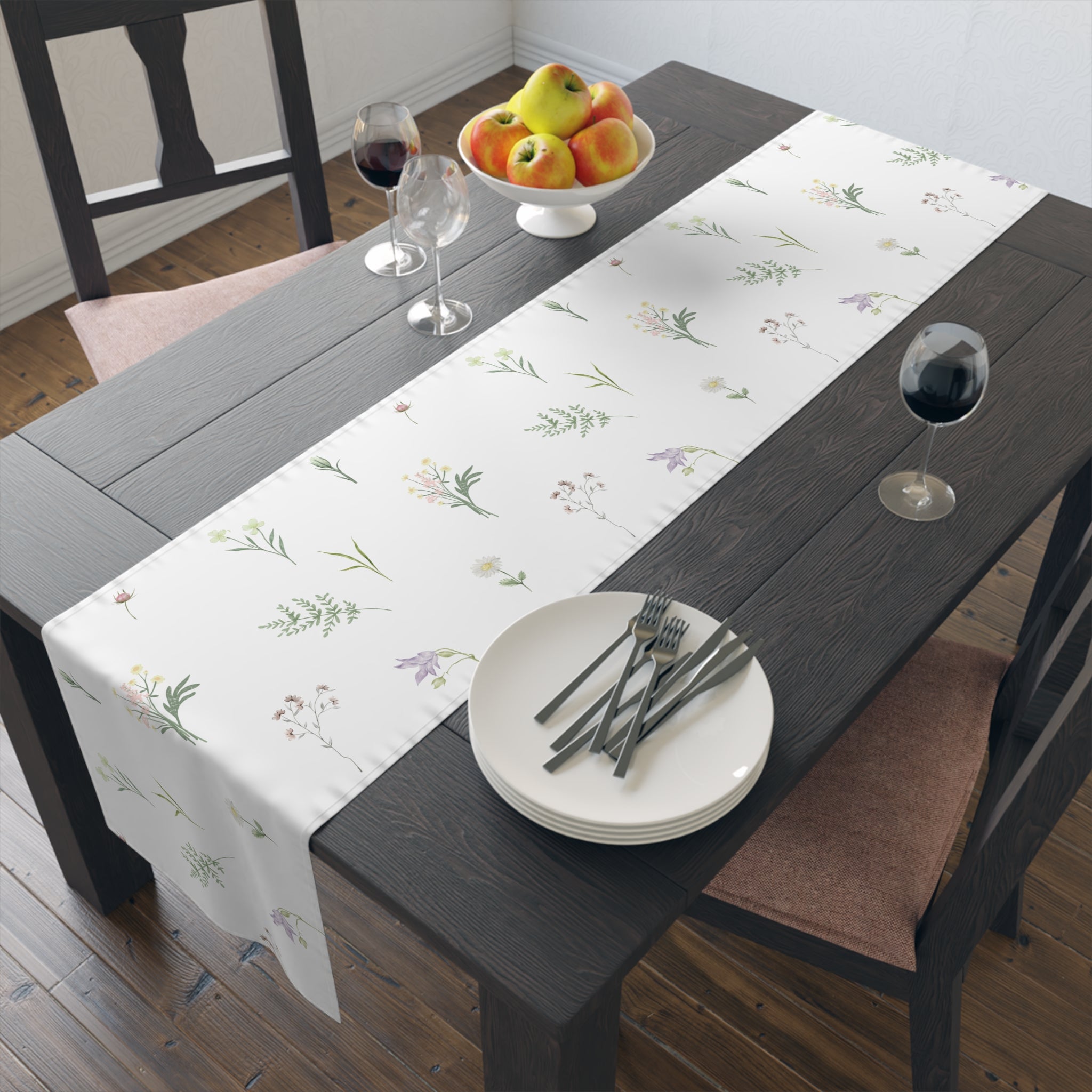 Botanical Spring Table Runner — Delicate Wildflower Print Cotton-Poly Table Runner