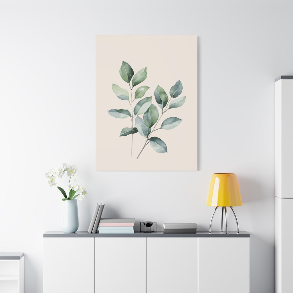 Botanical Watercolor Canvas Print — Sage Green Leaf Wall Art (Matte Stretched)