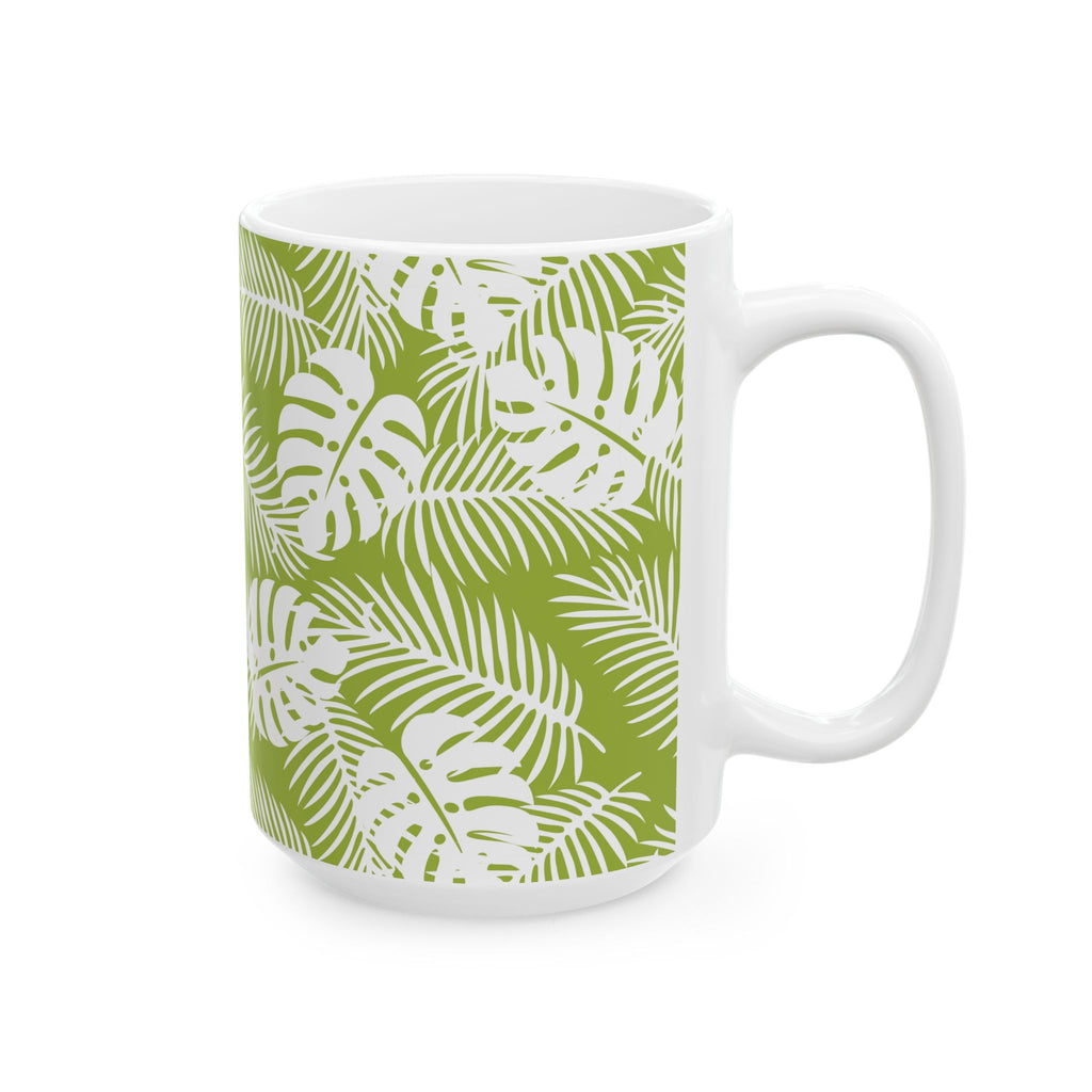 Tropical Leaf Ceramic Mug — Green Monstera & Palm Pattern (11oz, 15oz)