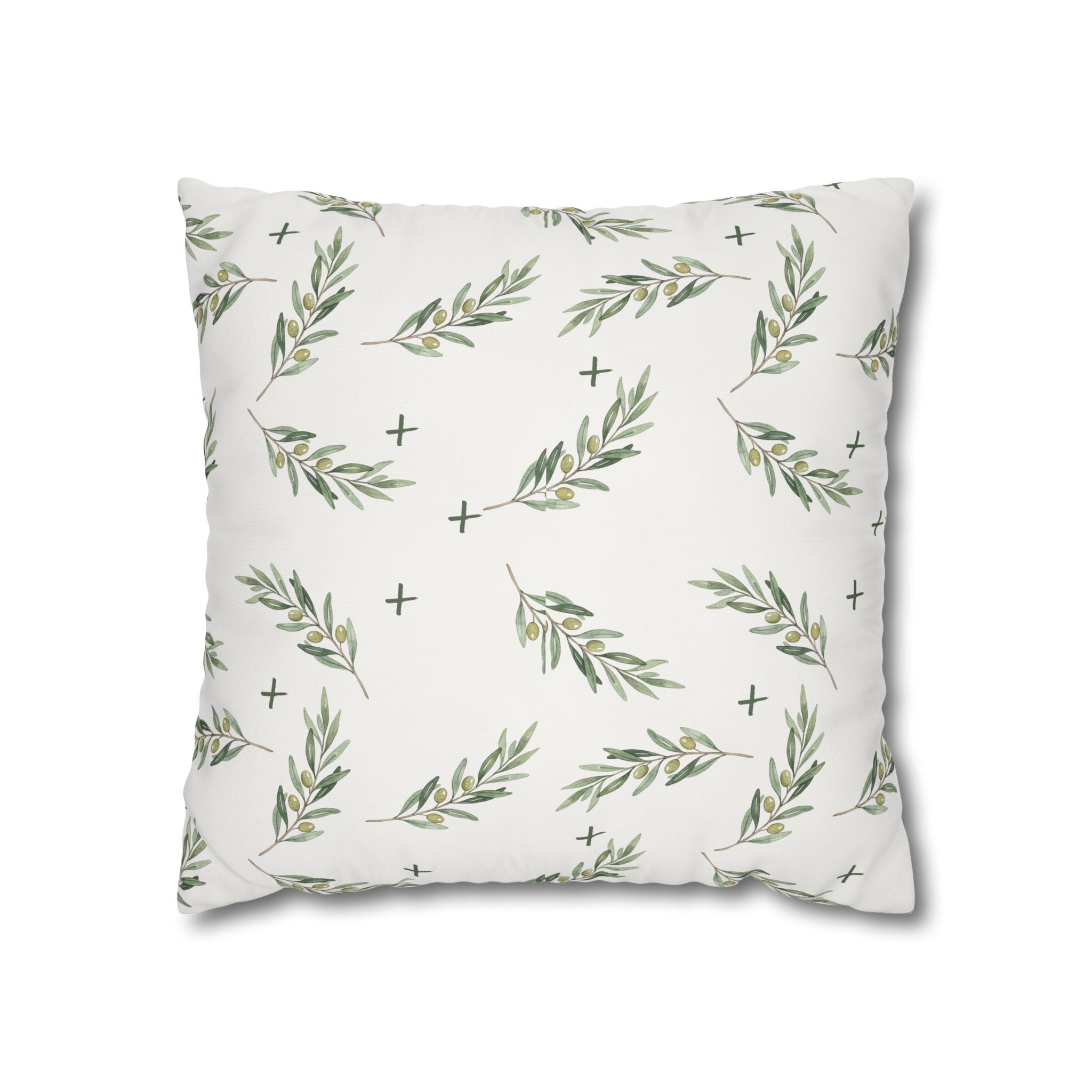 Botanical Olive Branch Square Pillowcase — Neutral Green Leaf Throw Pillow Cover