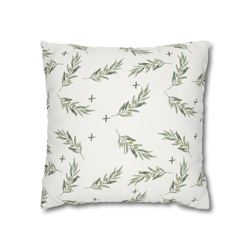 Botanical Olive Branch Square Pillowcase — Neutral Green Leaf Throw Pillow Cover