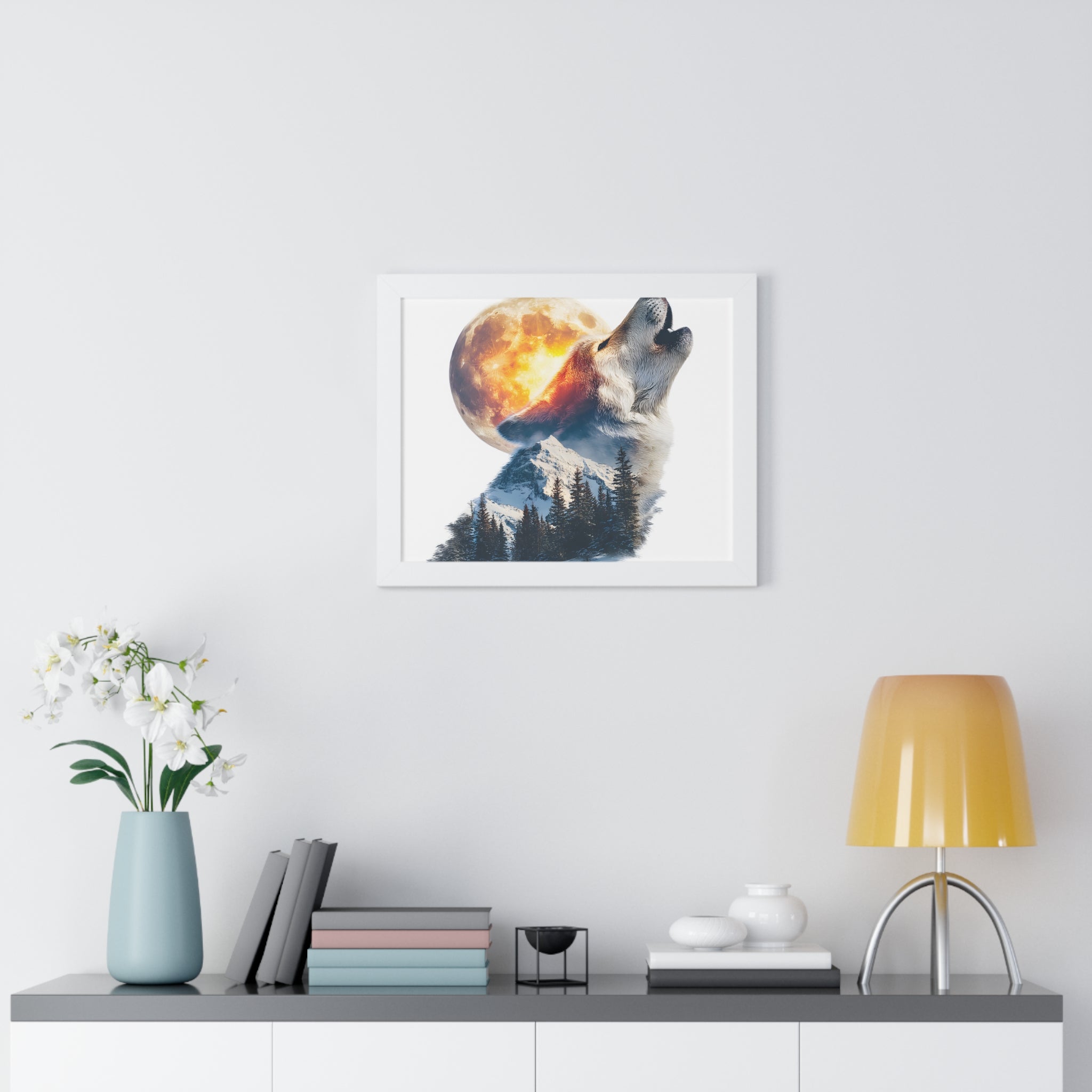 Howling Wolf & Full Moon Framed Poster — Double Exposure Wildlife Print