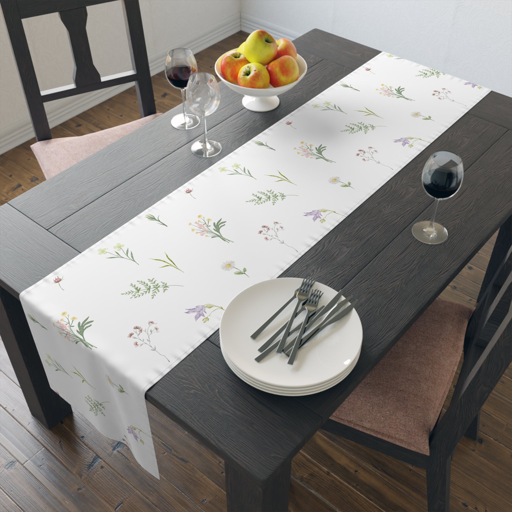 Botanical Spring Table Runner — Delicate Wildflower Print Cotton-Poly Table Runner