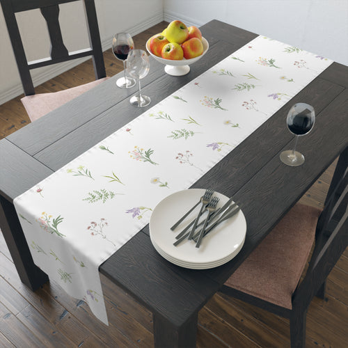 Botanical Spring Table Runner — Delicate Wildflower Print Cotton-Poly Table Runner