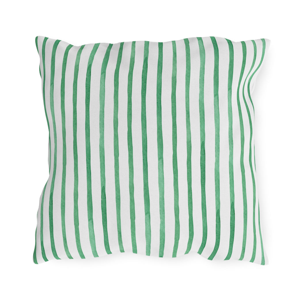 Tropical Palm Print Outdoor Pillow – Green Leaf & Striped Patio Cushion