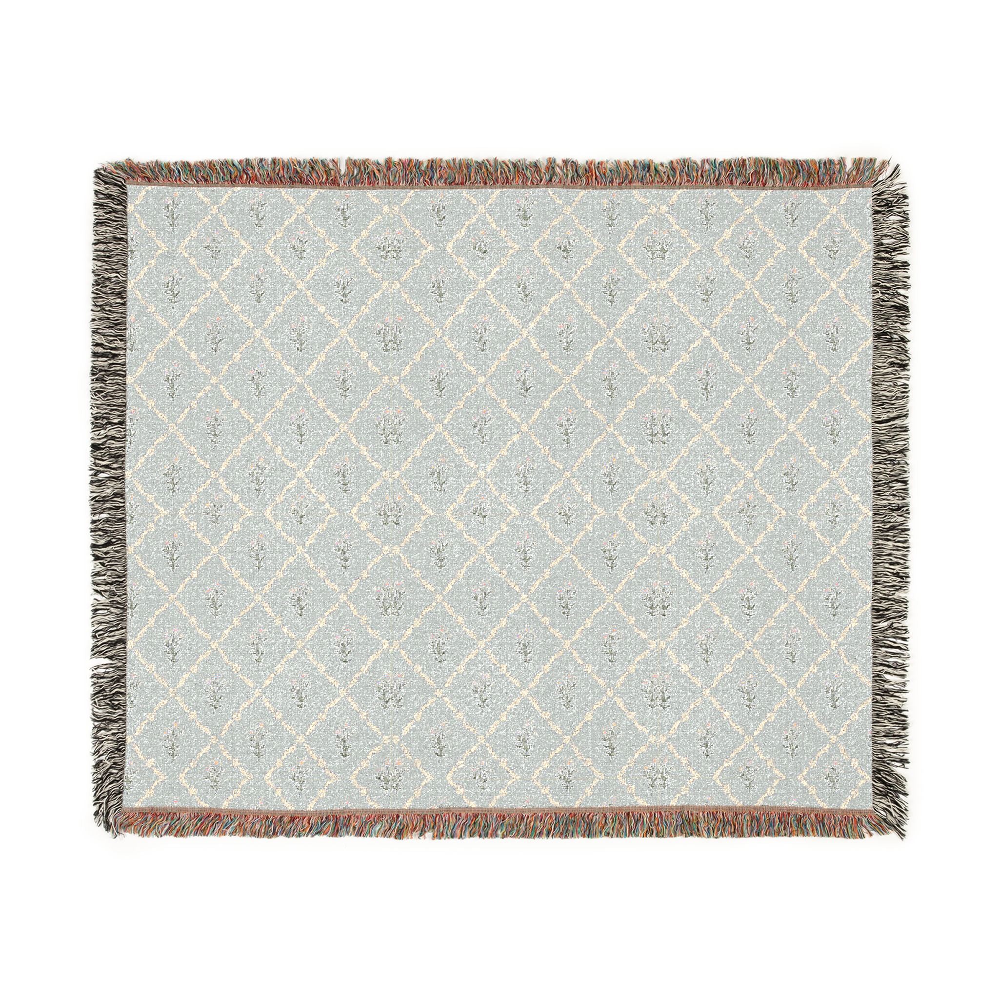 Woven Throw Blanket — Reversible Boho Diamond & Floral Pattern with Fringe