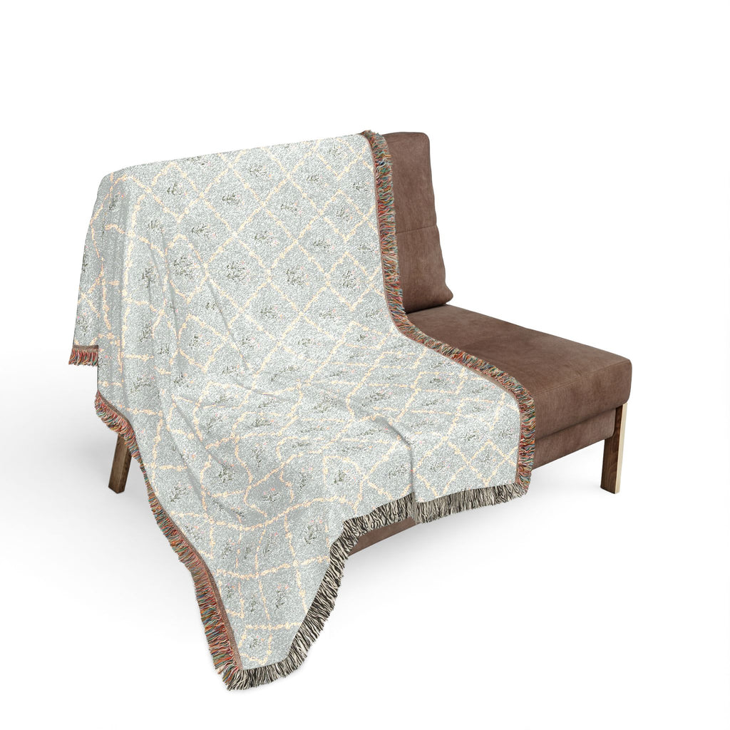 Woven Throw Blanket — Reversible Boho Diamond & Floral Pattern with Fringe