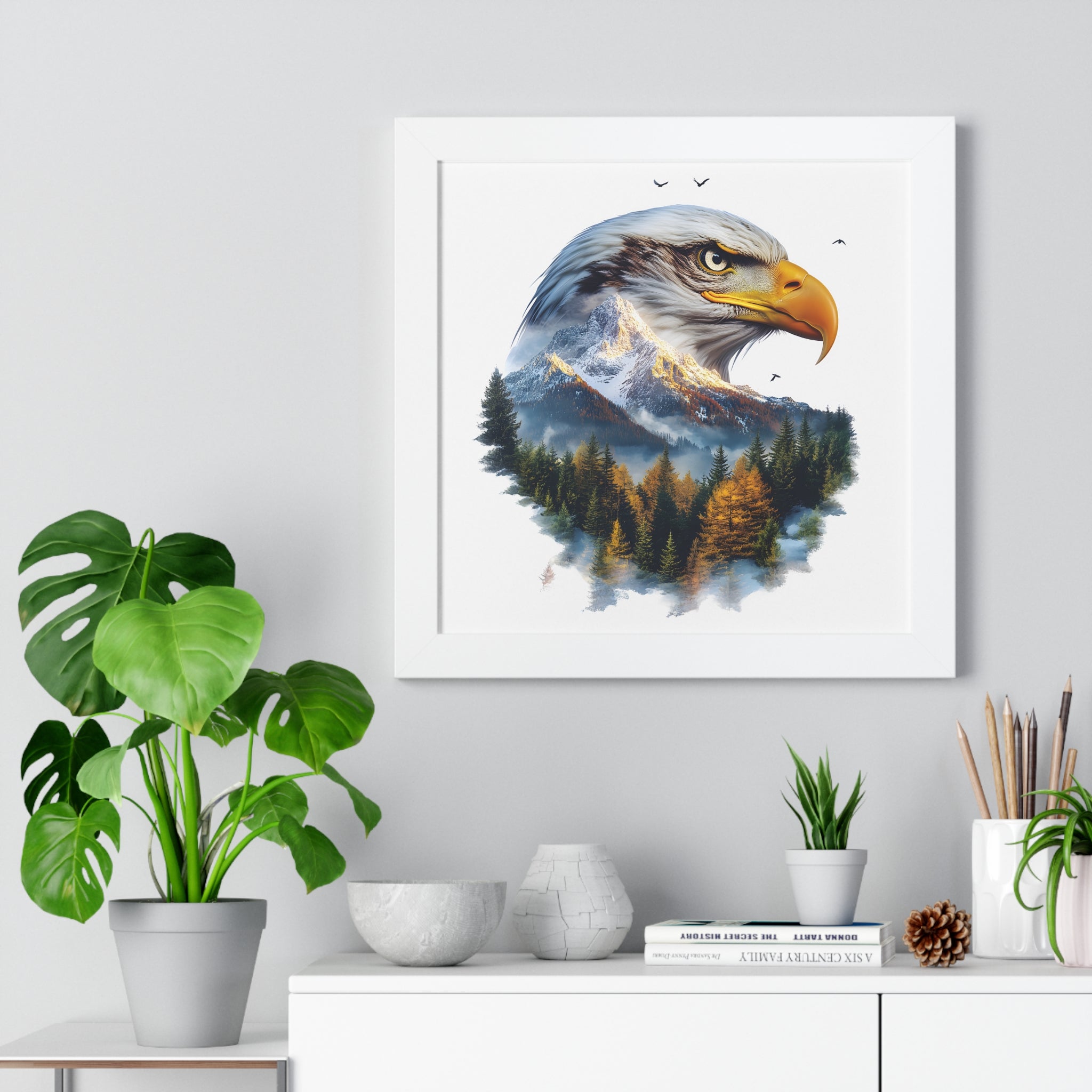 Bald Eagle Double Exposure Woodland Framed Poster Wall Art