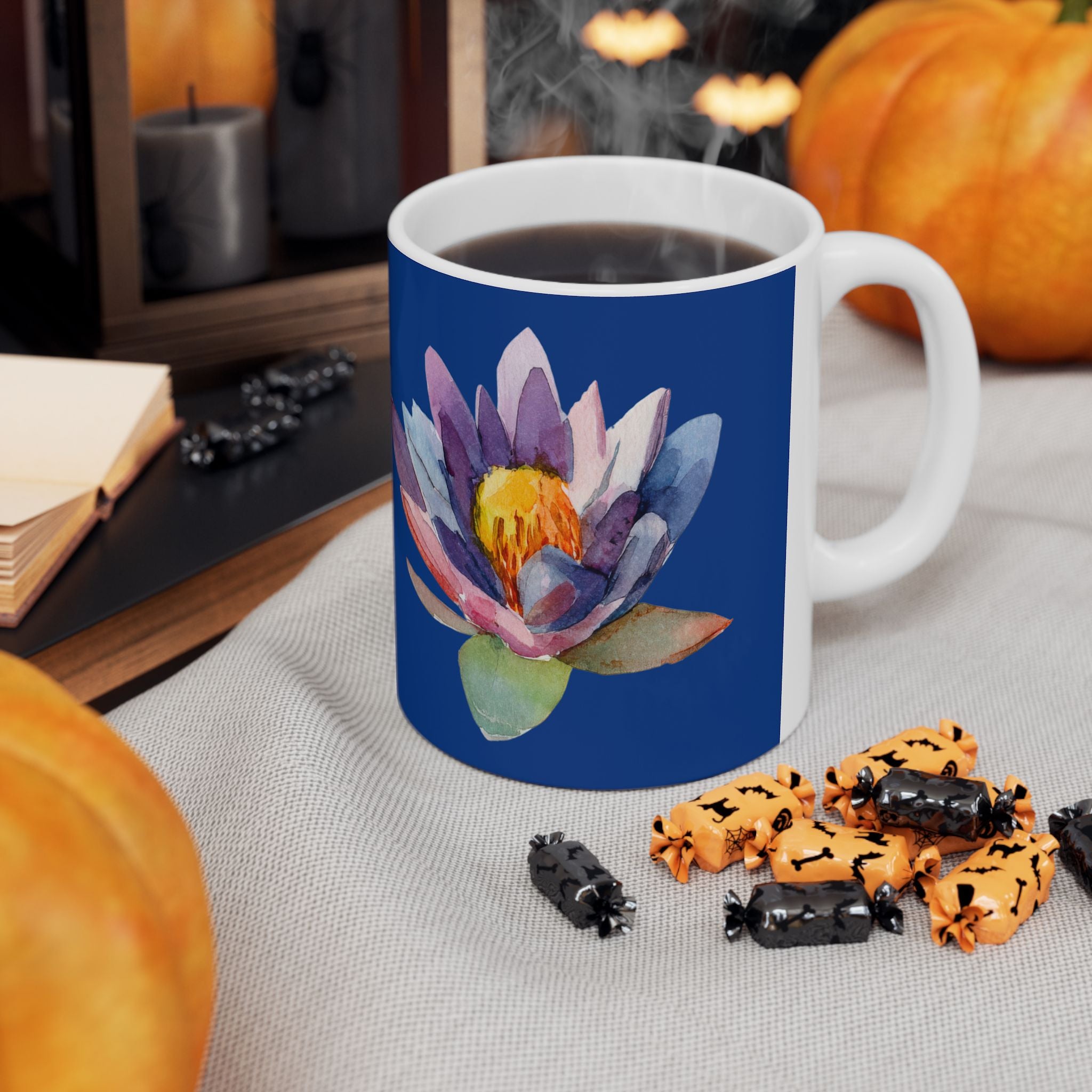 Blue Waterlily Floral Ceramic Mug — Waterlily Coffee Tea Cup (11oz, 15oz)