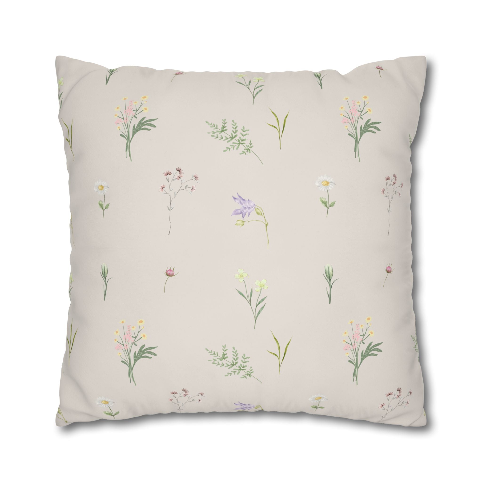Cottage Wildflowers Square Poly Canvas Pillowcase — Floral Country Throw Pillow