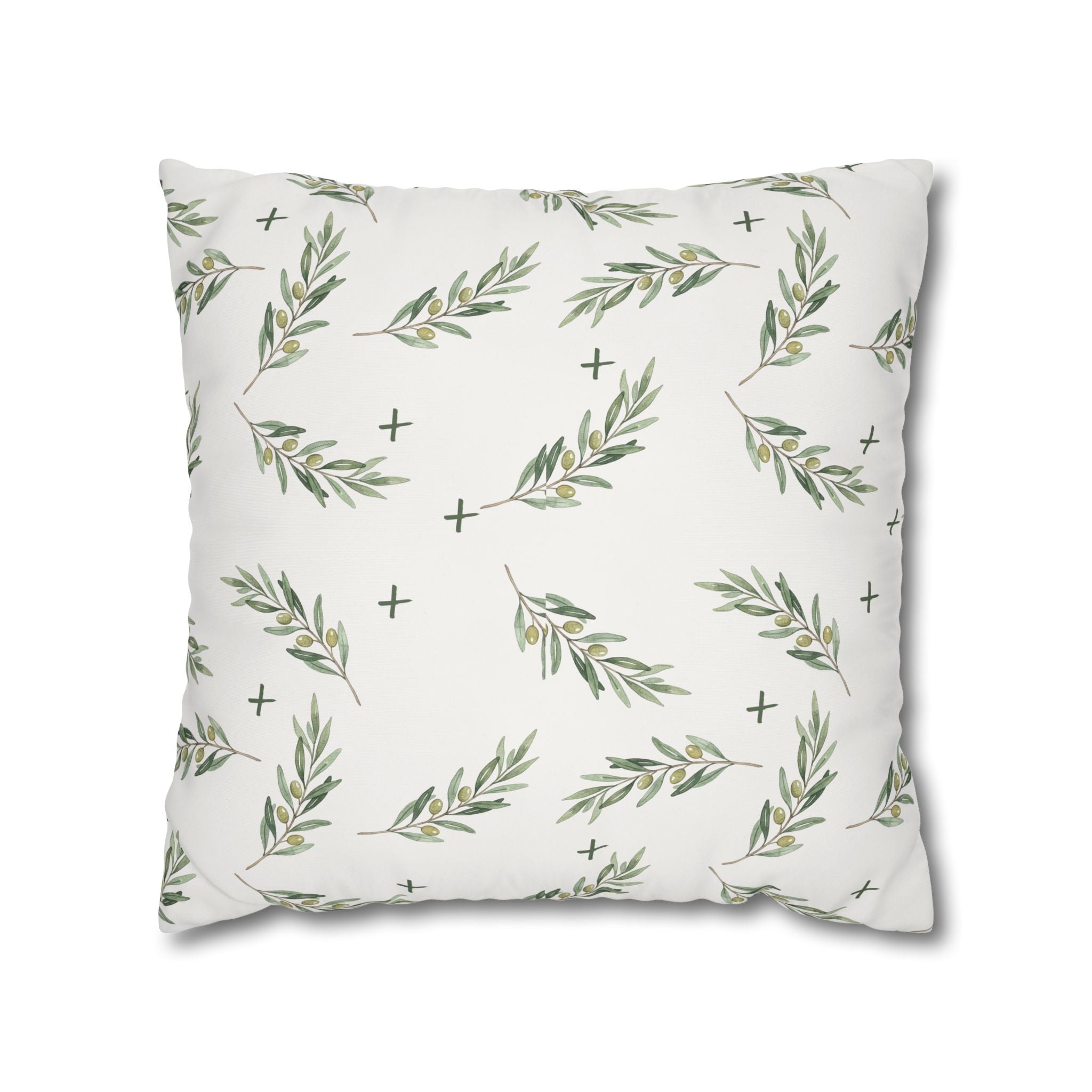 Botanical Olive Branch Square Pillowcase — Neutral Green Leaf Throw Pillow Cover