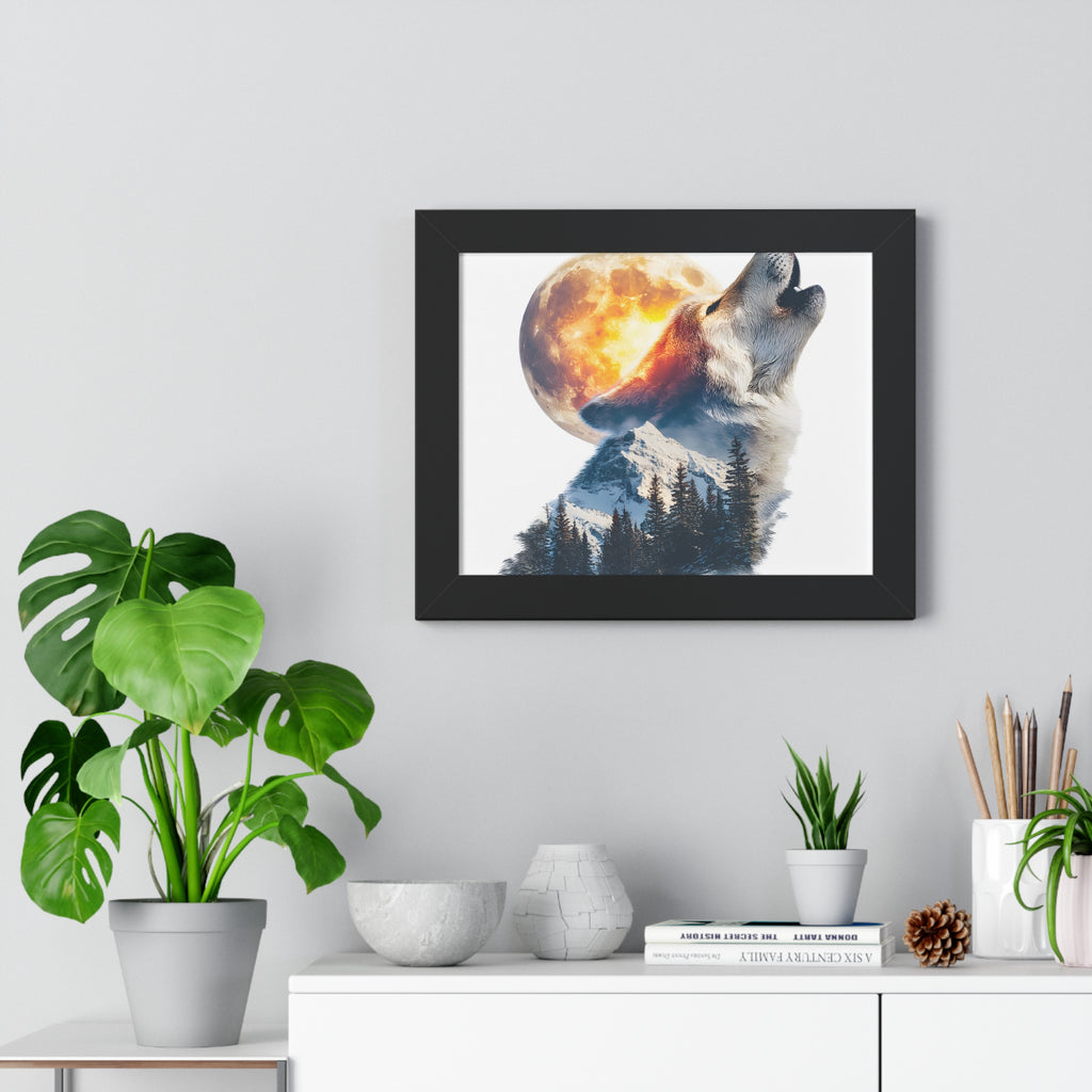 Howling Wolf & Full Moon Framed Poster — Double Exposure Wildlife Print