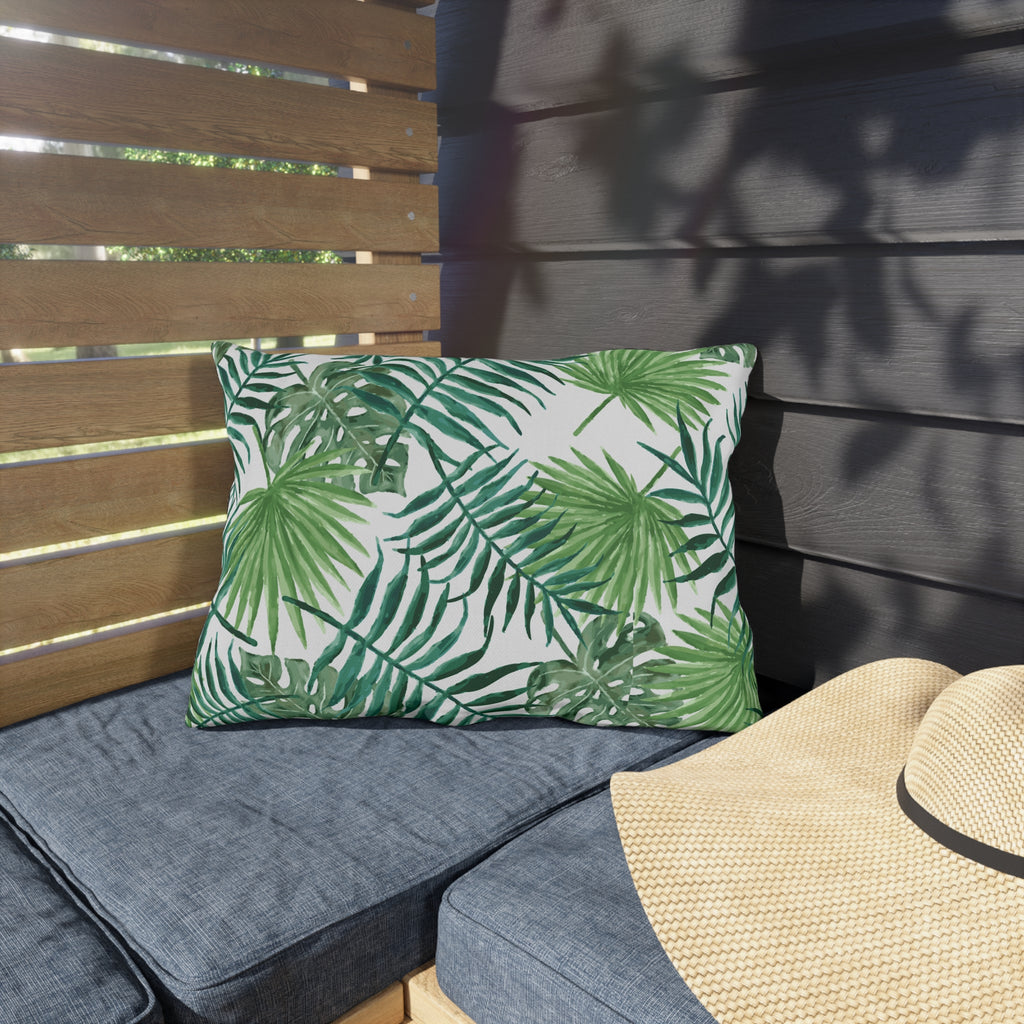 Tropical Palm Print Outdoor Pillow – Green Leaf & Striped Patio Cushion
