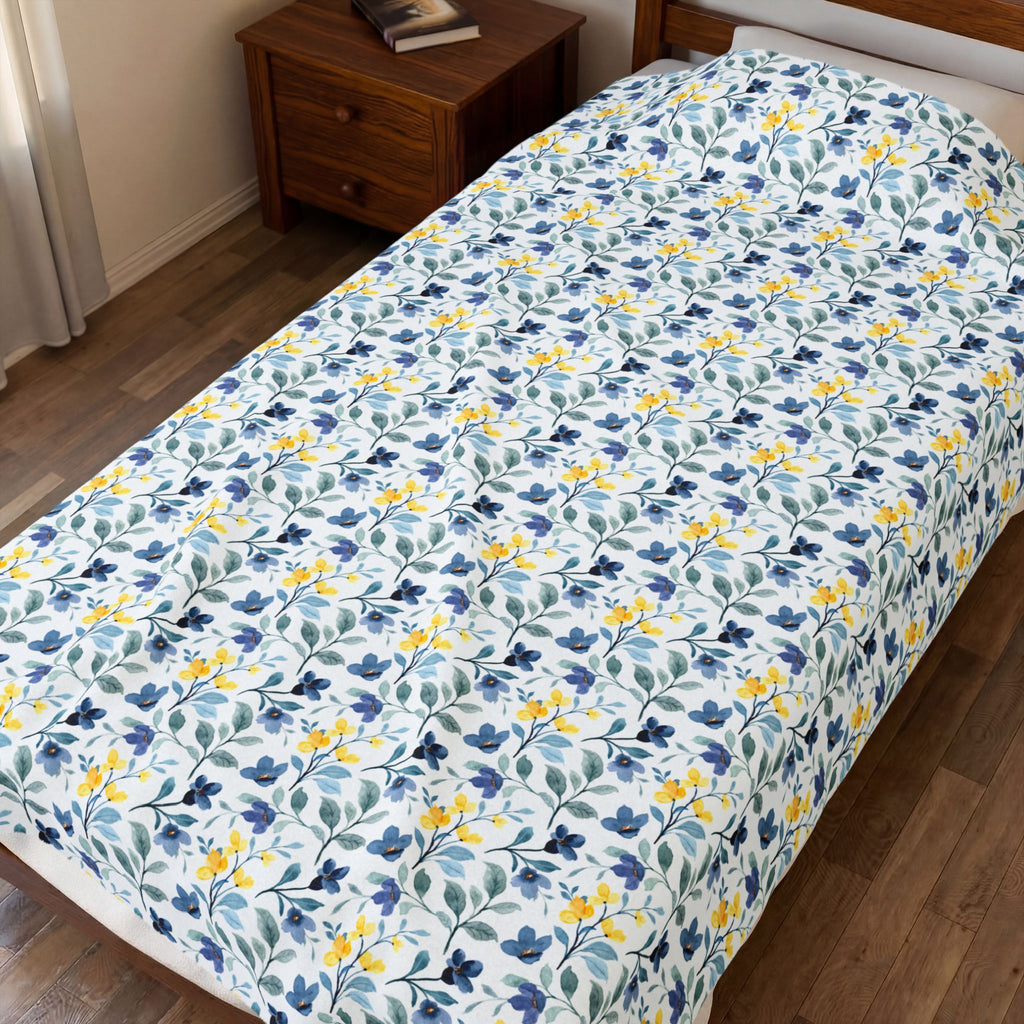 Floral Velveteen Plush Blanket — Blue & Yellow Botanical Throw