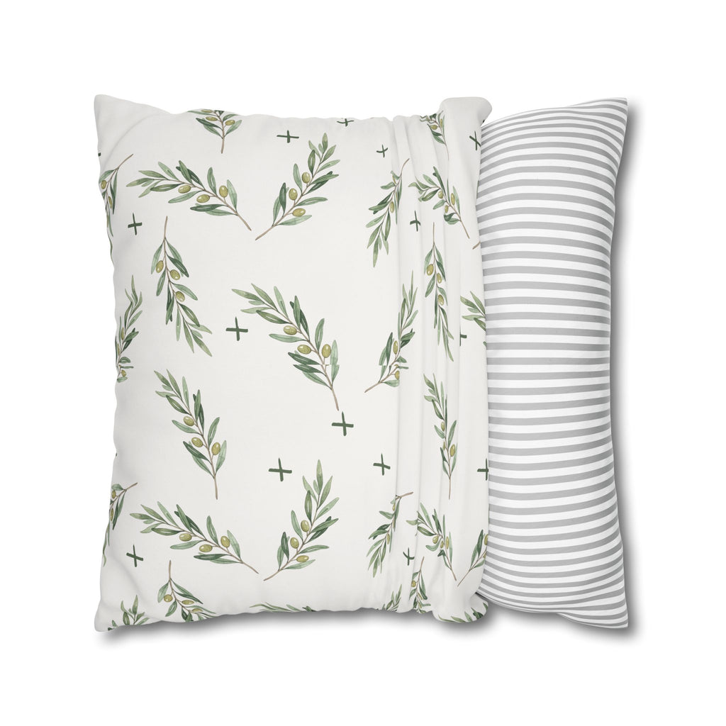 Botanical Olive Branch Square Pillowcase — Neutral Green Leaf Throw Pillow Cover