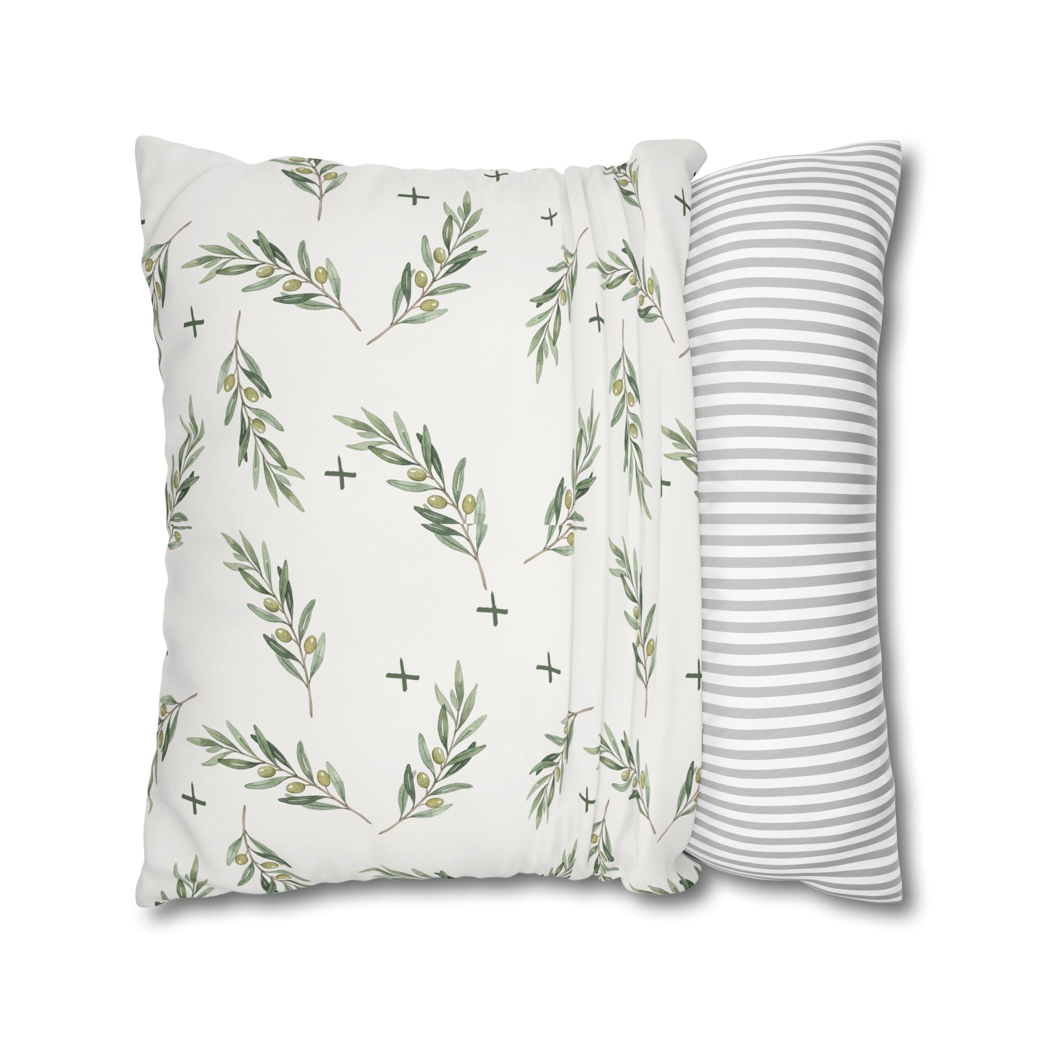Botanical Olive Branch Square Pillowcase — Neutral Green Leaf Throw Pillow Cover