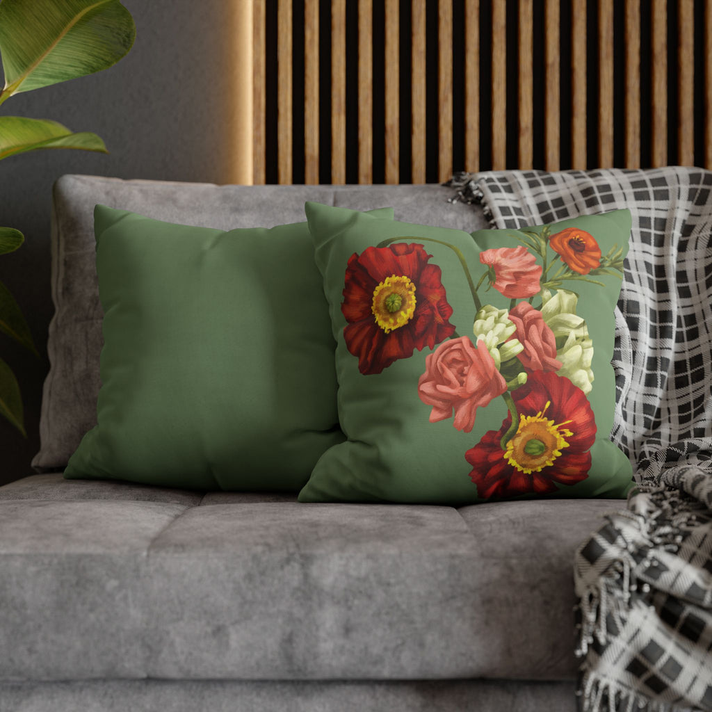 Botanical Poppies Floral Square Pillowcase — Green Floral Canvas Throw Pillow Cover