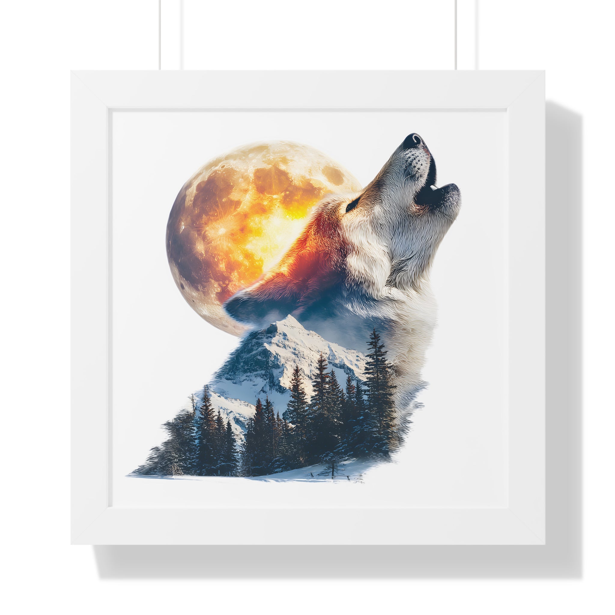 Howling Wolf & Full Moon Framed Poster — Double Exposure Wildlife Print