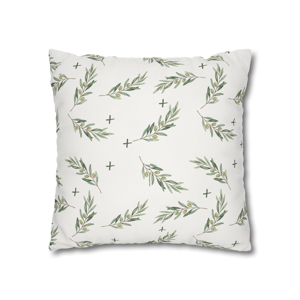 Botanical Olive Branch Square Pillowcase — Neutral Green Leaf Throw Pillow Cover