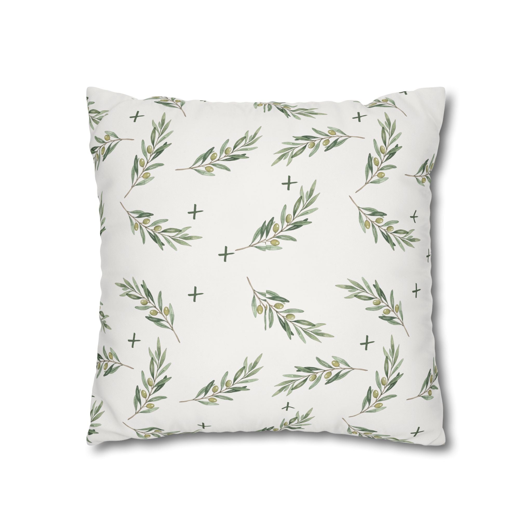 Botanical Olive Branch Square Pillowcase — Neutral Green Leaf Throw Pillow Cover
