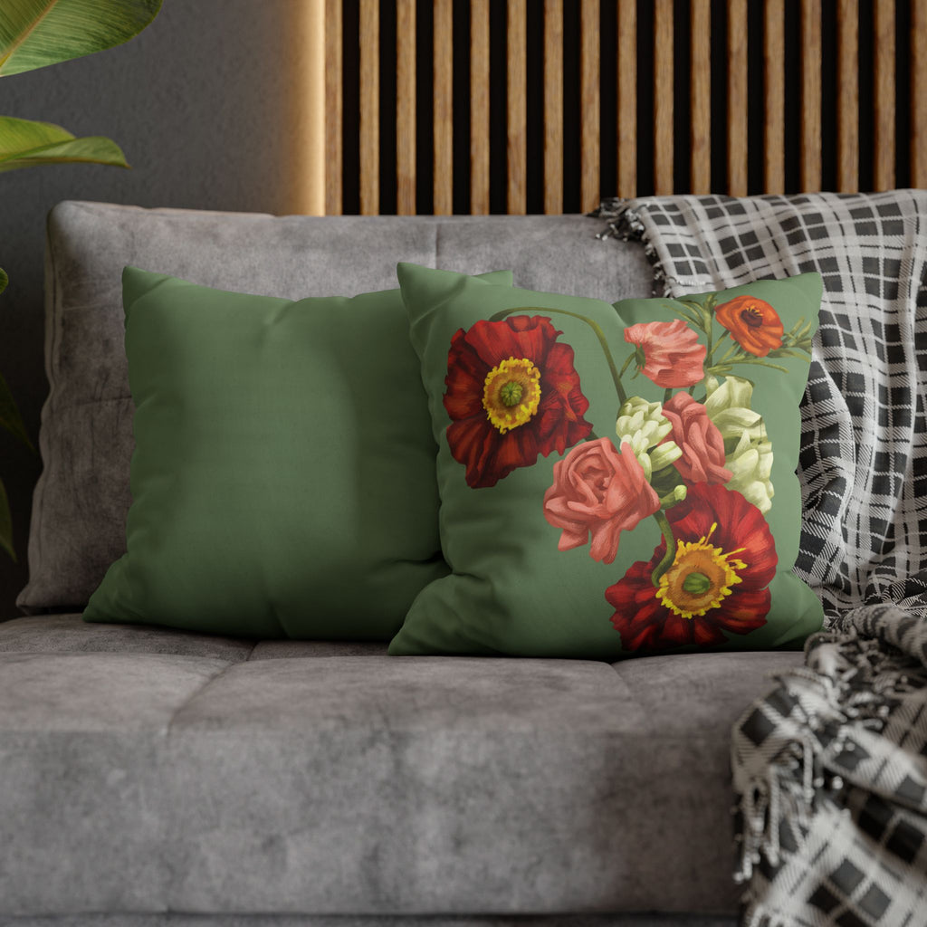 Botanical Poppies Floral Square Pillowcase — Green Floral Canvas Throw Pillow Cover
