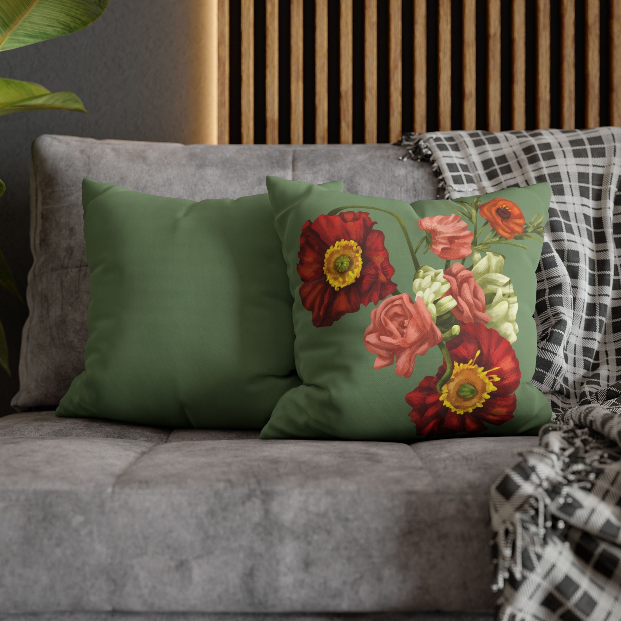 Botanical Poppies Floral Square Pillowcase — Green Floral Canvas Throw Pillow Cover