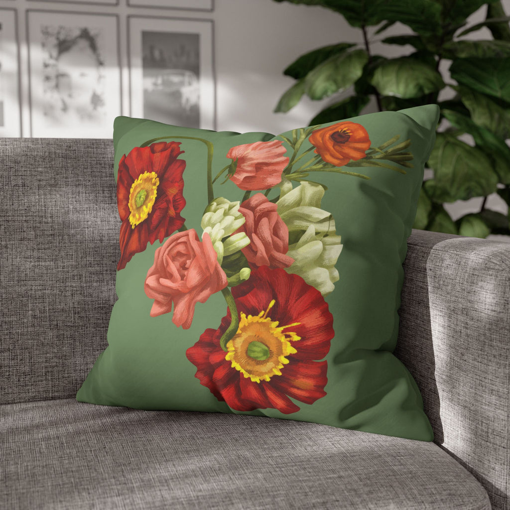 Botanical Poppies Floral Square Pillowcase — Green Floral Canvas Throw Pillow Cover