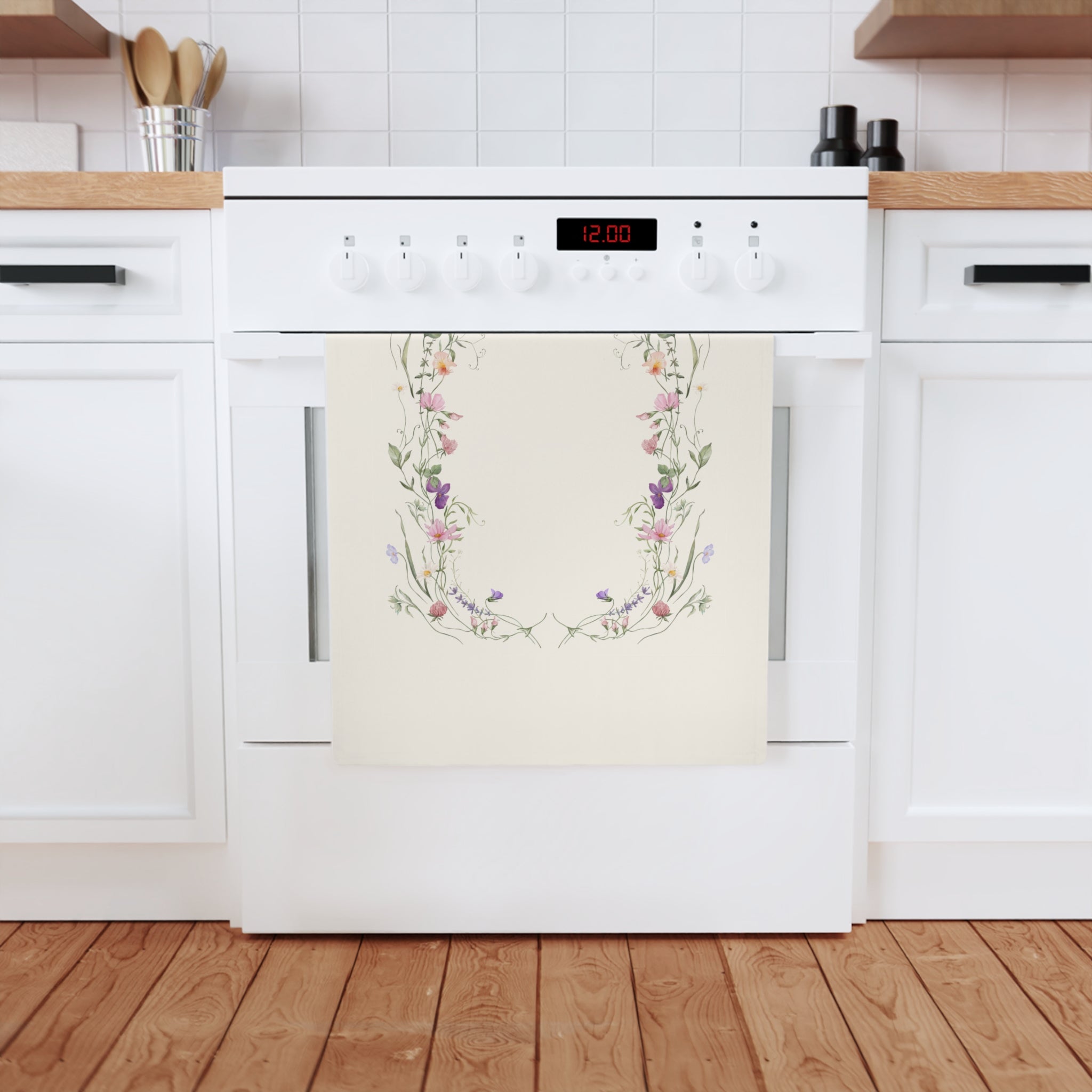 Floral Wreath Organic Cotton Tea Towel — Pastel Wildflower Kitchen Towel