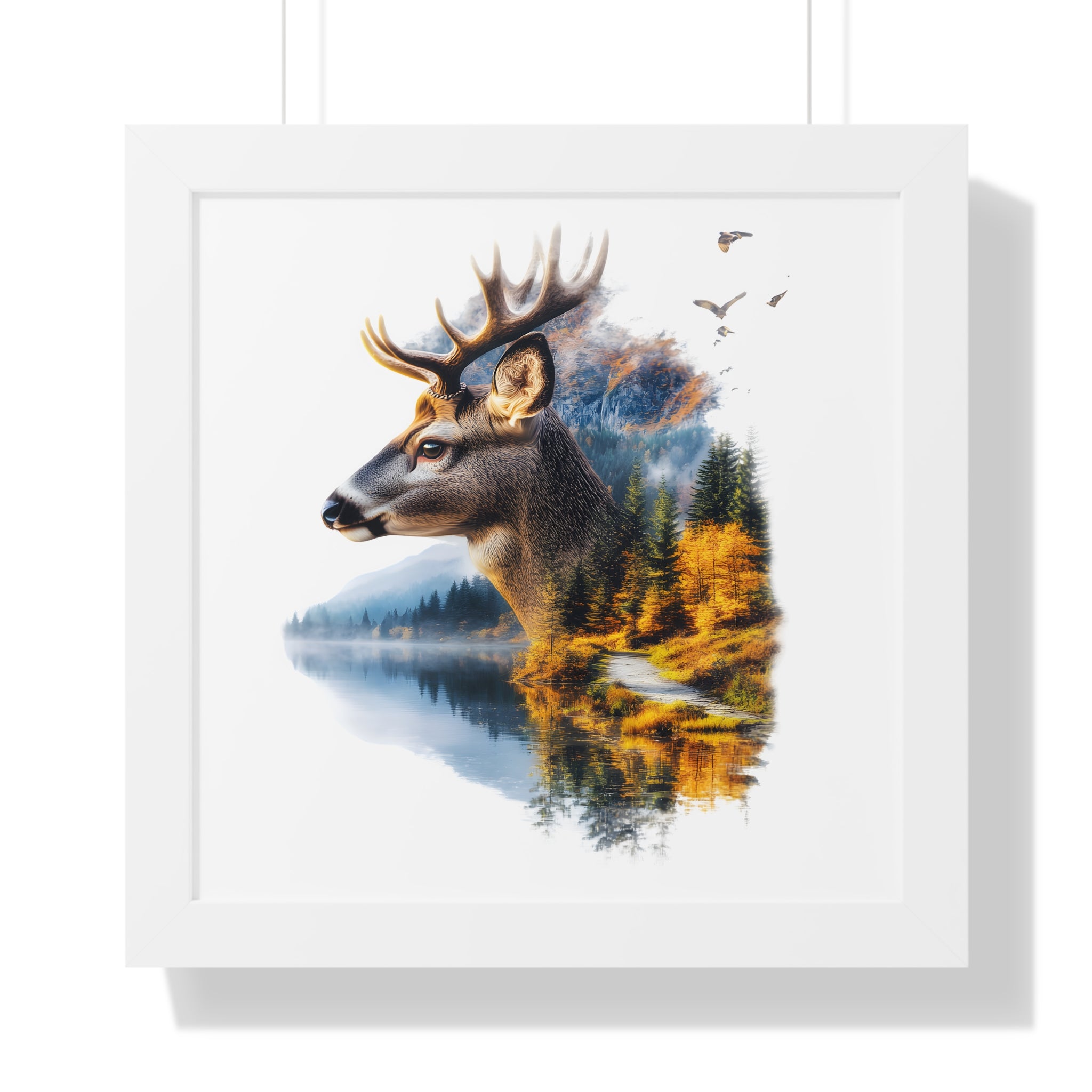Double Exposure Deer & Forest Framed Poster — Wildlife Wall Art