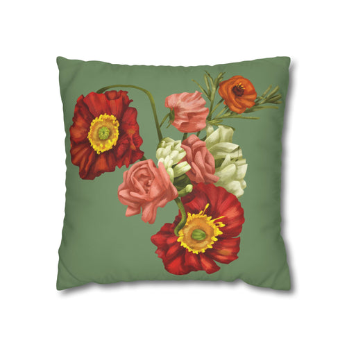 Botanical Poppies Floral Square Pillowcase — Green Floral Canvas Throw Pillow Cover