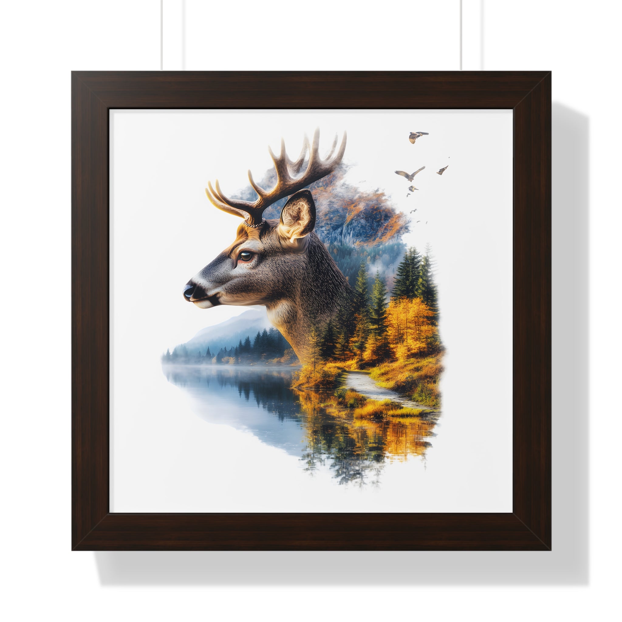 Double Exposure Deer & Forest Framed Poster — Wildlife Wall Art