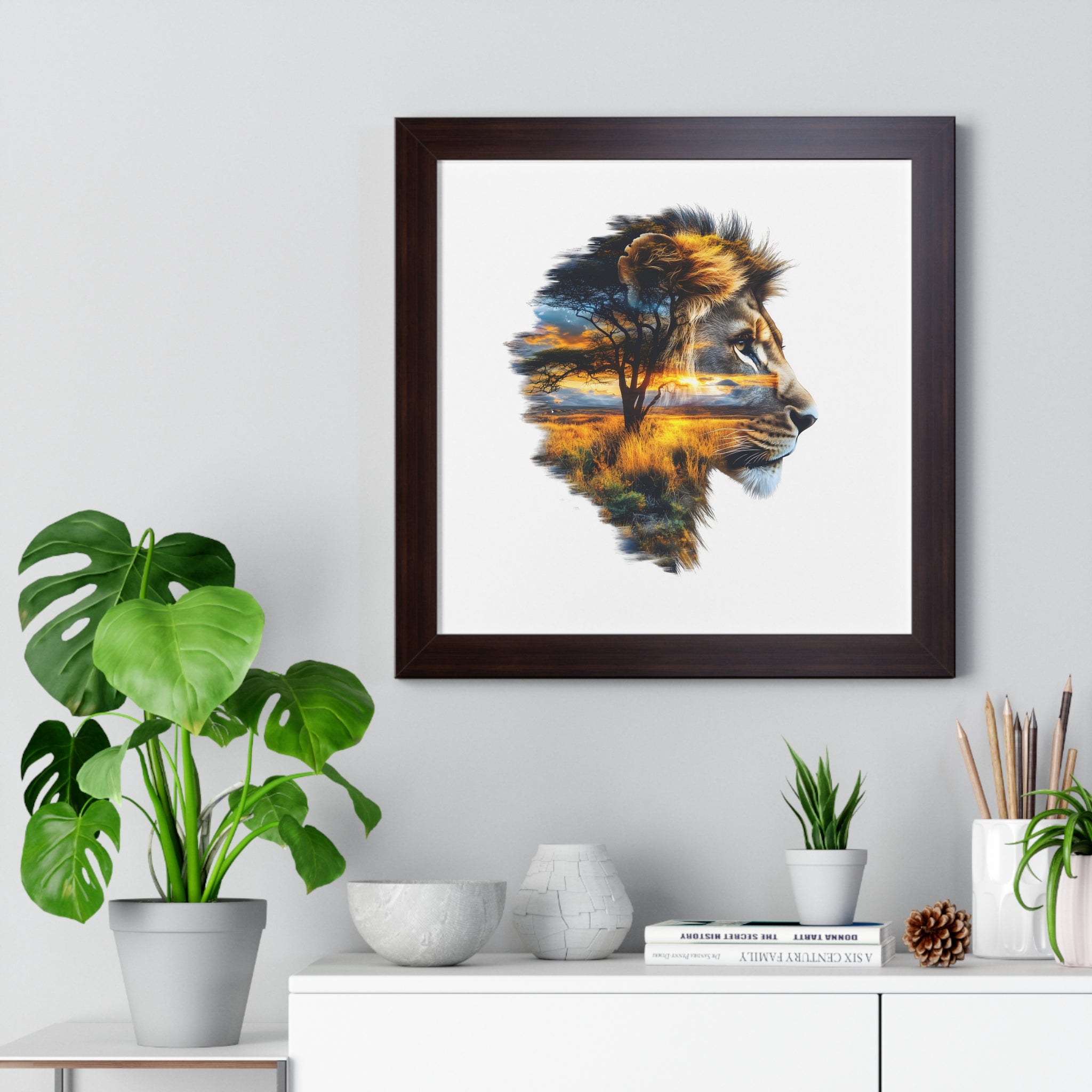 African Lion Double Exposure Framed Poster — Wildlife Art Print