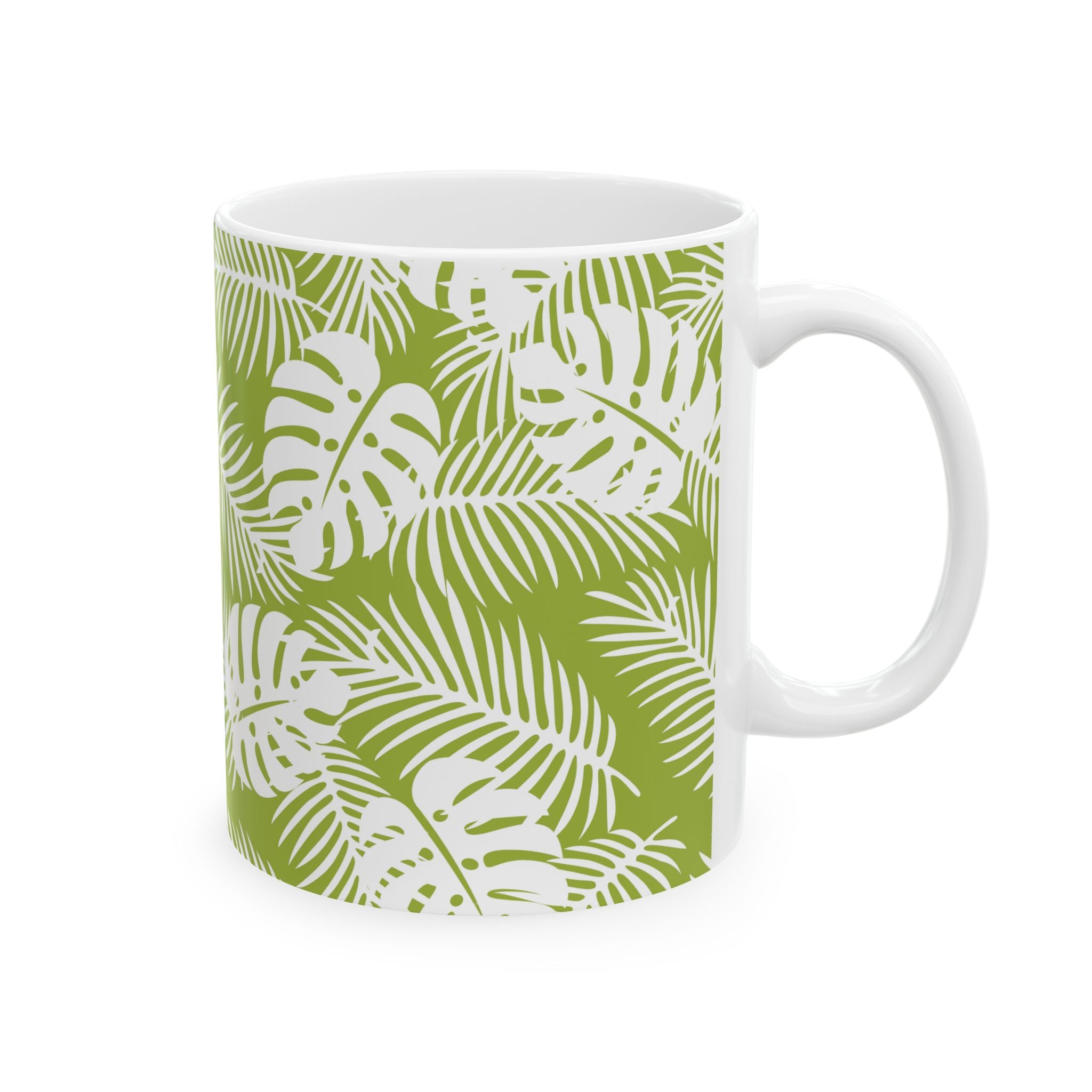 Tropical Leaf Ceramic Mug — Green Monstera & Palm Pattern (11oz, 15oz)