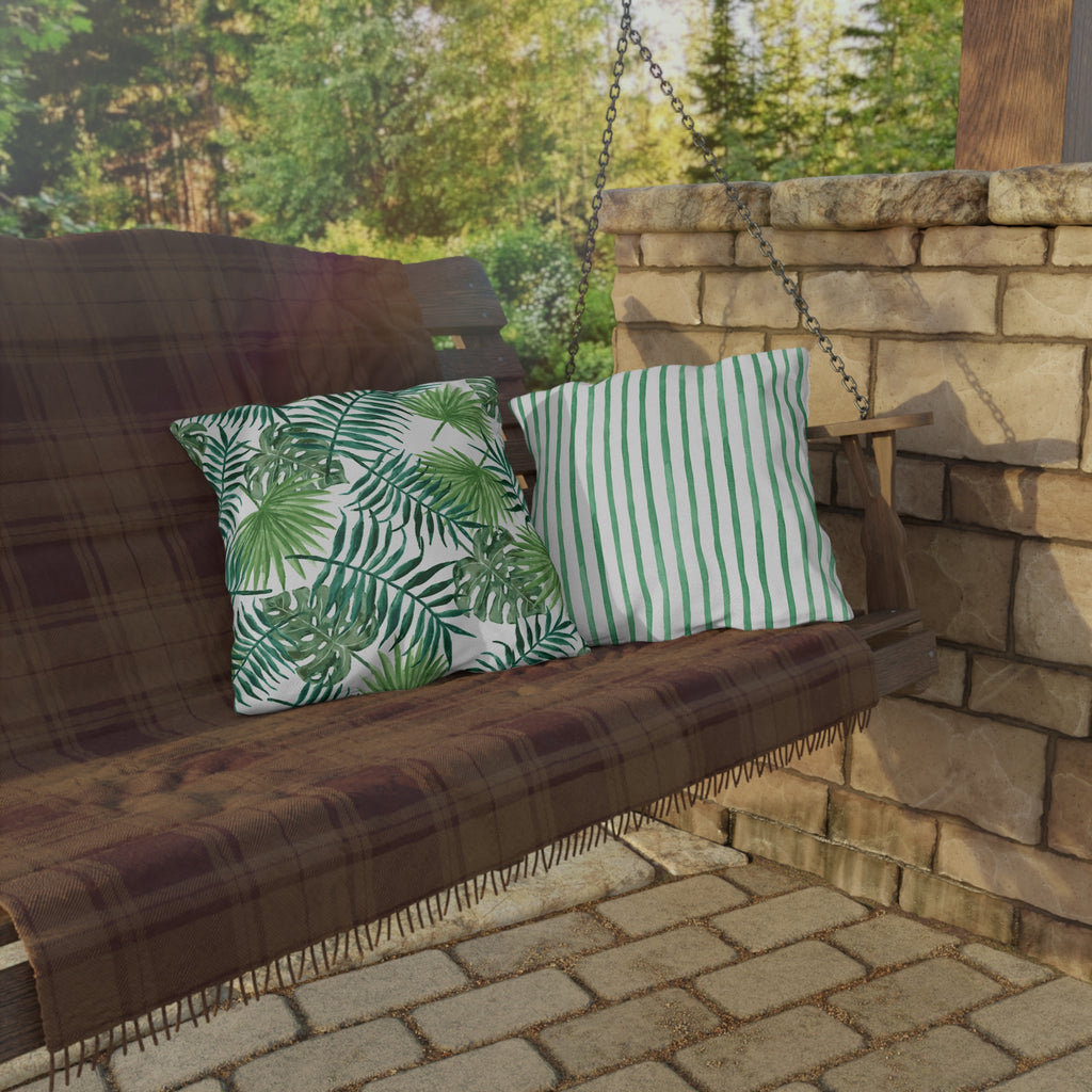 Tropical Palm Print Outdoor Pillow – Green Leaf & Striped Patio Cushion